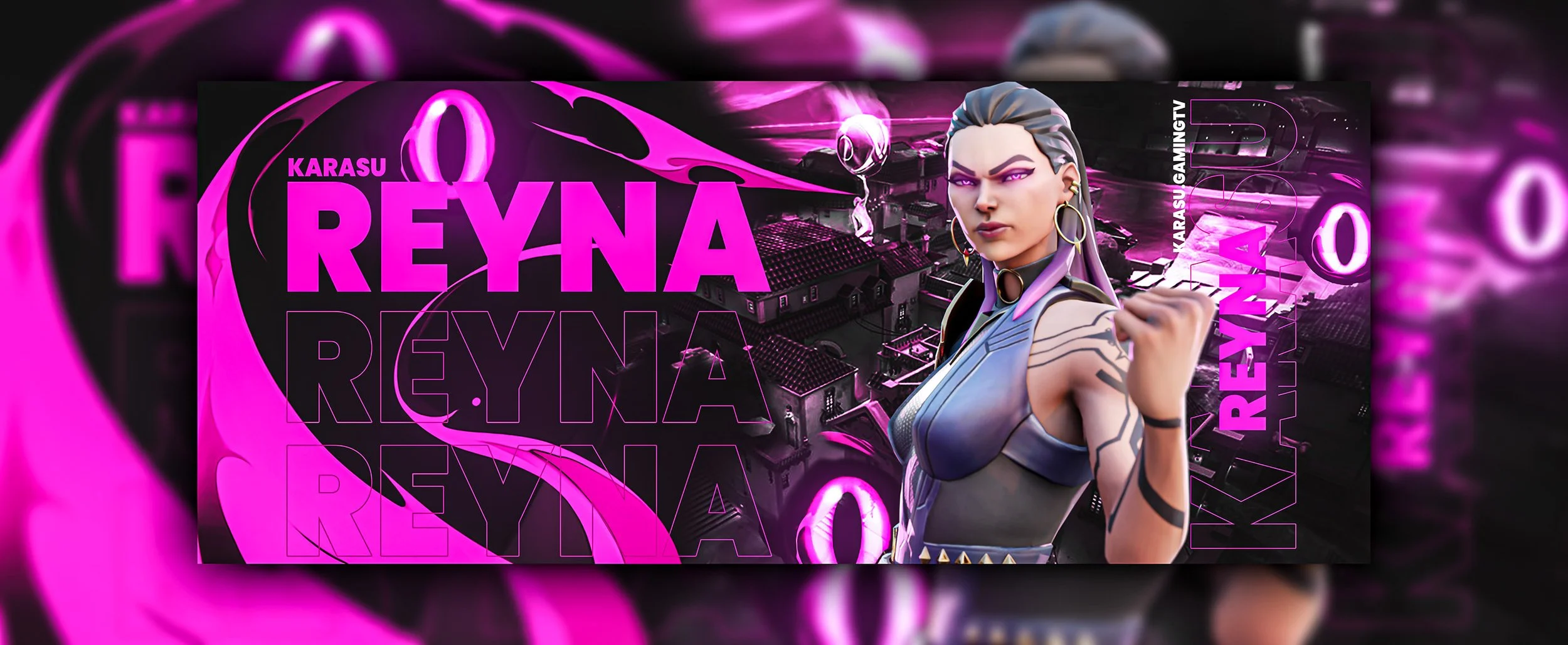 Digital artwork featuring a female character with gray hair, purple eyes, tattoos, and wearing a blue and black outfit. The background includes a dark cityscape illuminated with pink neon lights. The text reads 'KARASU REYNA' in large pink and purple