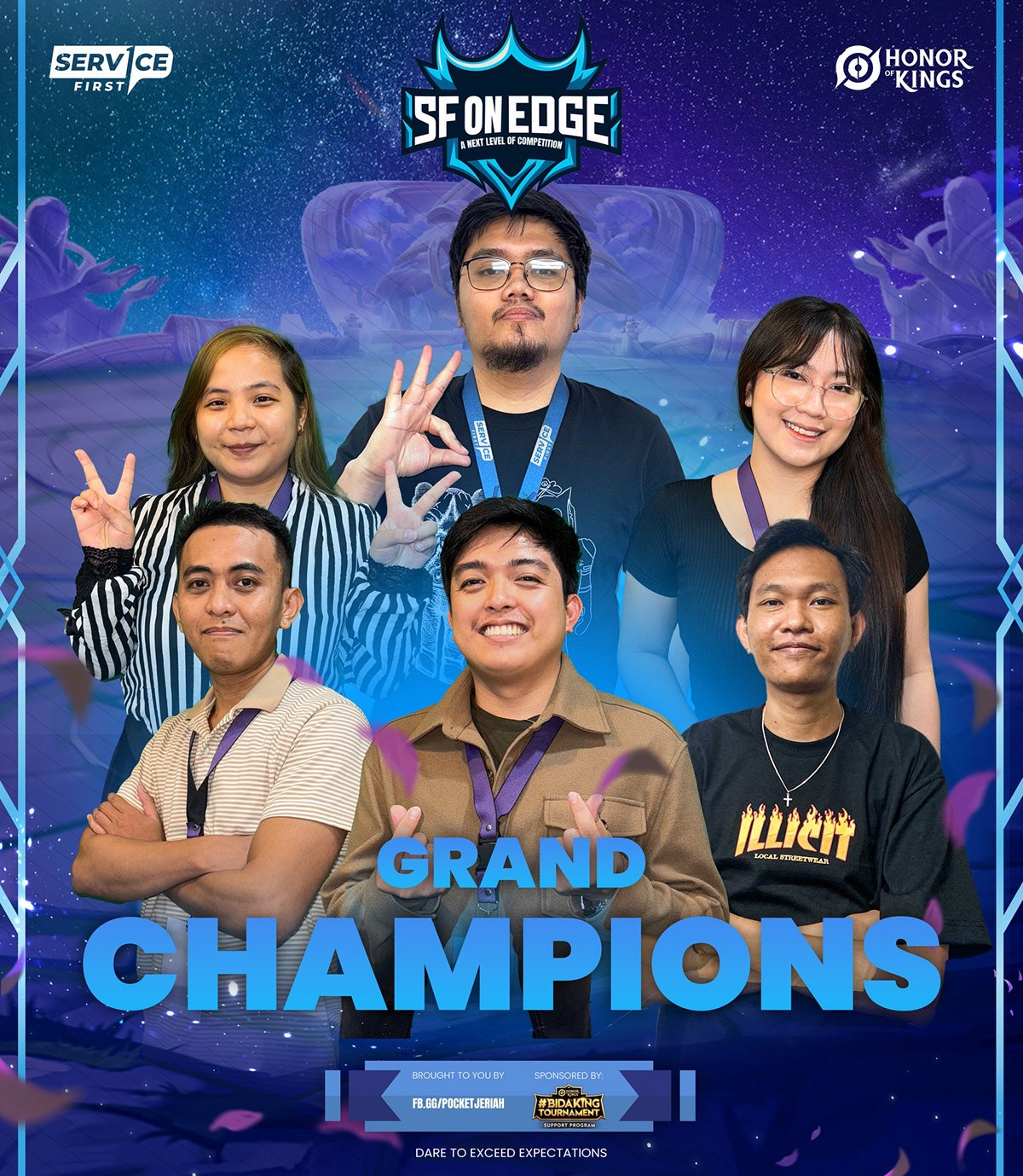 A group of six young adults posing with confident smiles, with some making hand gestures, standing in front of a colorful, digital-themed background featuring the words 'Grand Champions' and logos for 'Service First,' 'Honor of Kings,' and 'SF On Edg