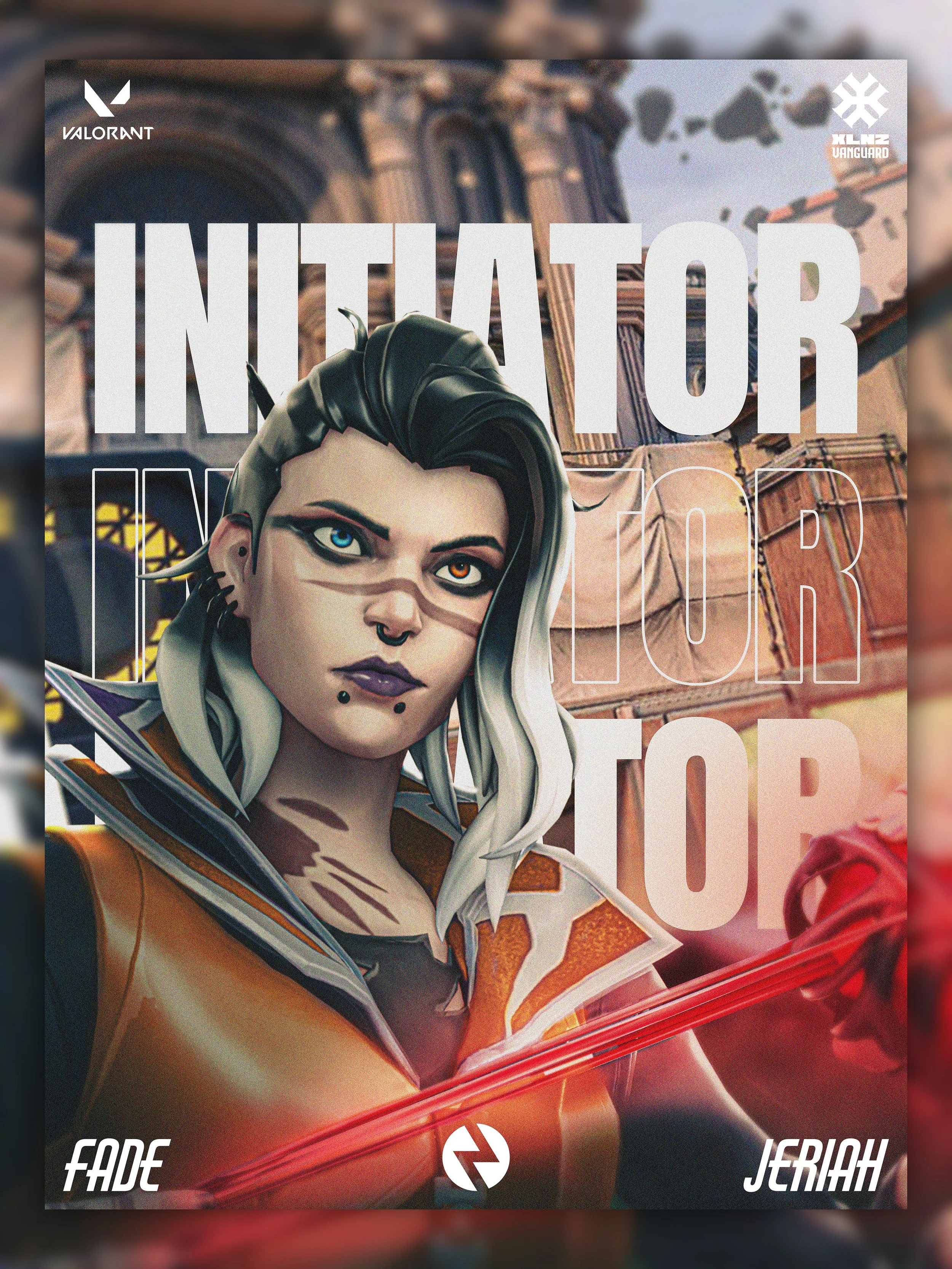 Animated image of a female character with short black and white hair, one blue eye and one orange eye, with facial piercings, holding a red lightsaber, with a cityscape background and text that reads 'Initiator' and 'Top'. Logos of Valorant and KLENZ