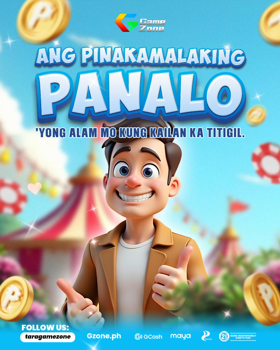 Colorful promotional poster for Game Zone featuring a cheerful animated character giving a thumbs up, with a background of amusement park rides, coins, and casino chips, and text in Filipino.
