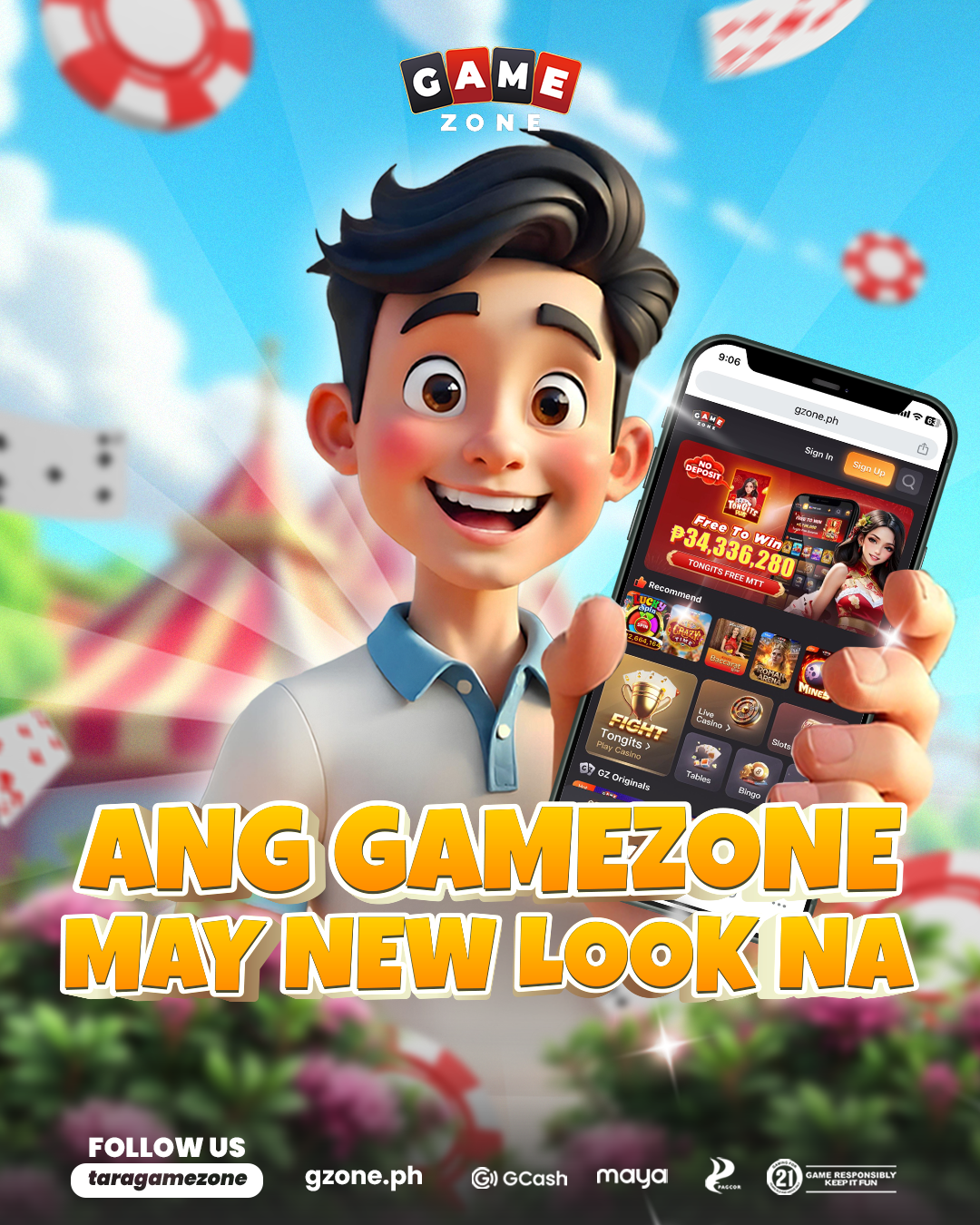An animated character holding a smartphone displaying the Gzone.ph gaming app, with a background featuring a colorful amusement park and text in bold yellow letters that says 'ANG GAMEZONE MAY NEW LOOK NA' and additional details at the bottom for soc