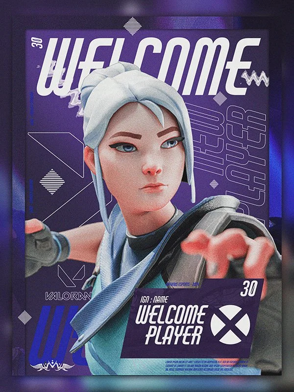 Promotional poster for Valorant featuring a stylized animated female character with blue hair and headband, pointing forward, with a purple background and the text "Welcome Player" and "30".