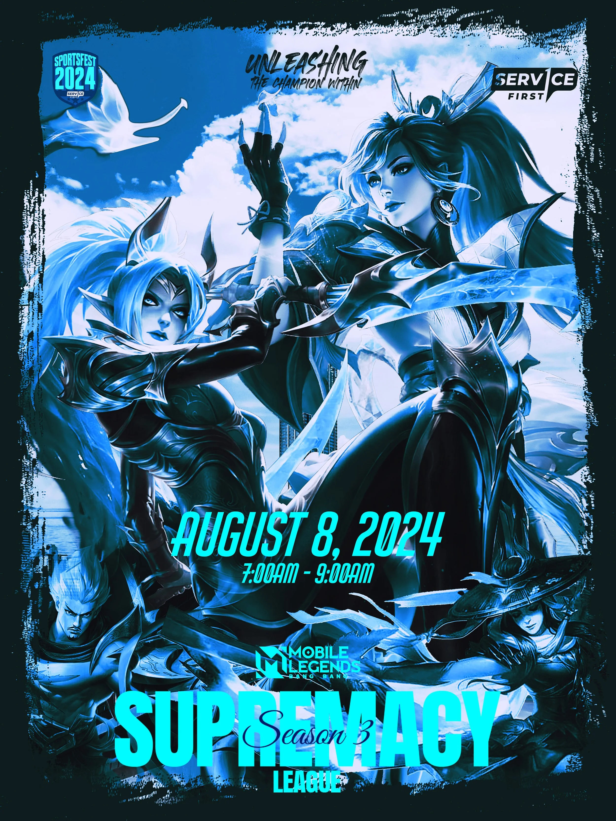 Promotional poster for Mobile Legends Bang Bang SuperMacy League Season 3 event on August 8, 2024, featuring stylized characters in combat poses with a blue color theme.