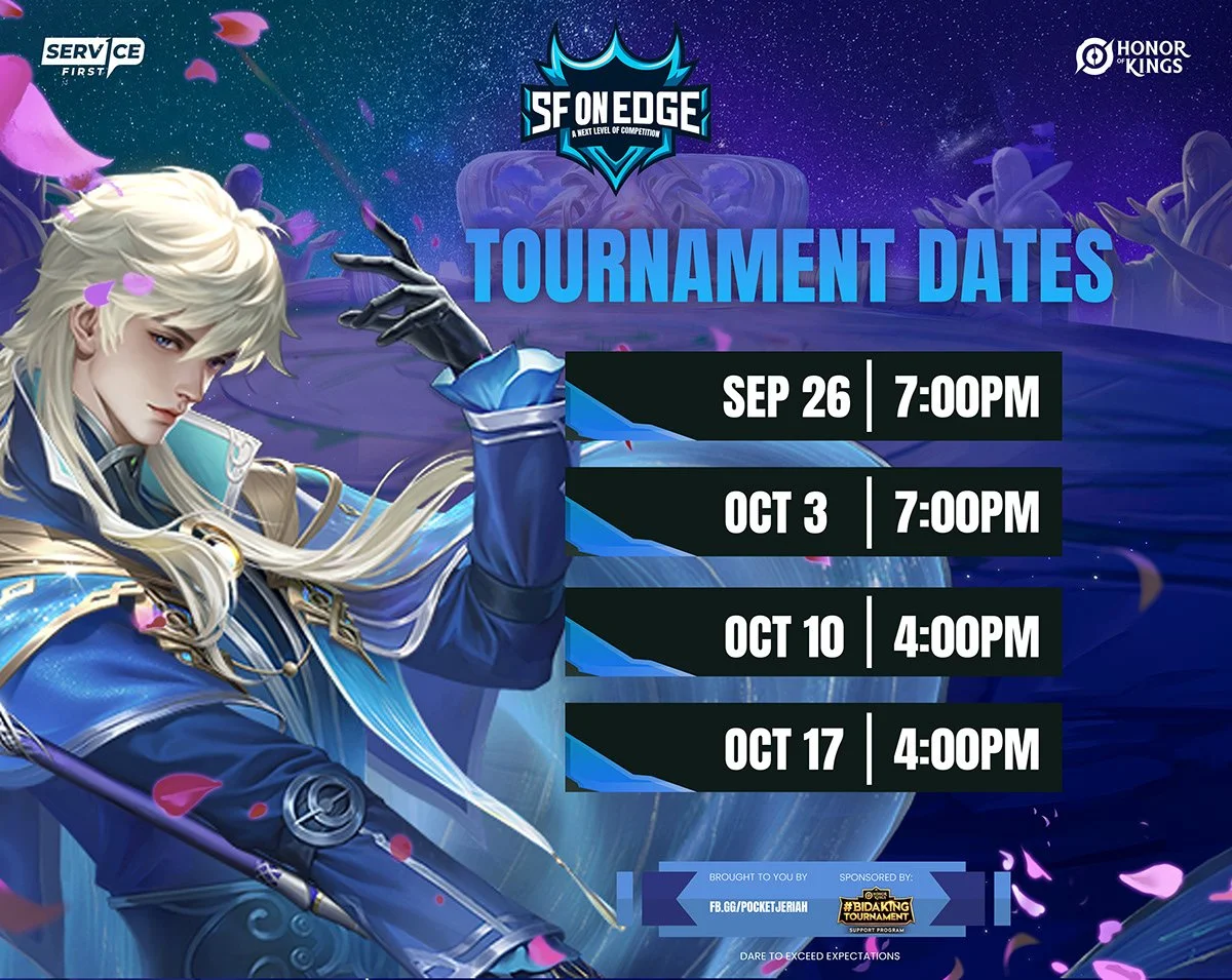 Tournament schedule for SF ON EDGE eSports, featuring a fantasy character with long white hair, blue and black armor, and a staff, with dates September 26, October 3, October 10, and October 17, all at different times, with logos of SERV ICE FIRST an
