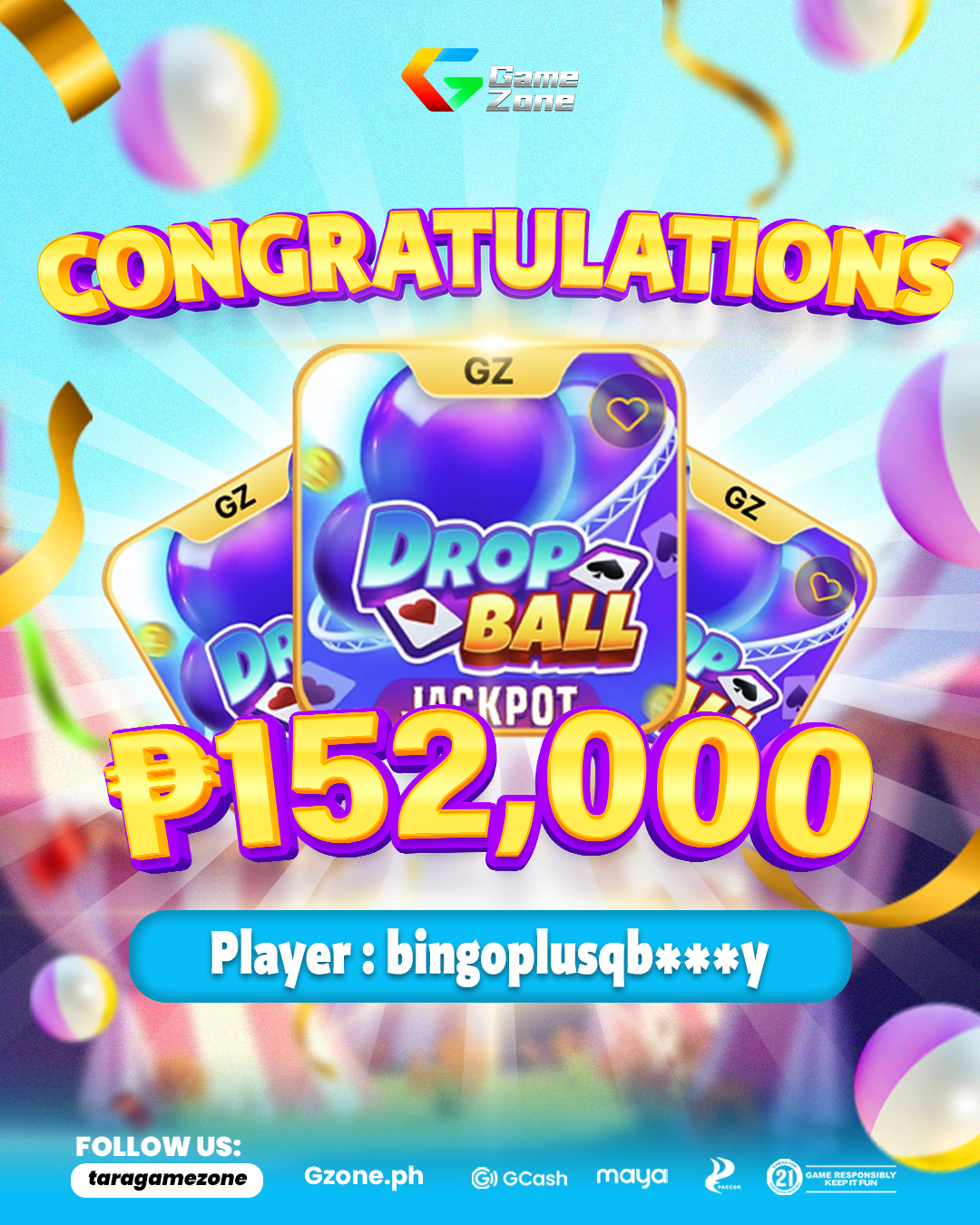 A colorful congratulatory announcement for winning 152,000 pesos on the GZone Drop Ball Jackpot game, featuring animated game icons, confetti, and a player username partially hidden.