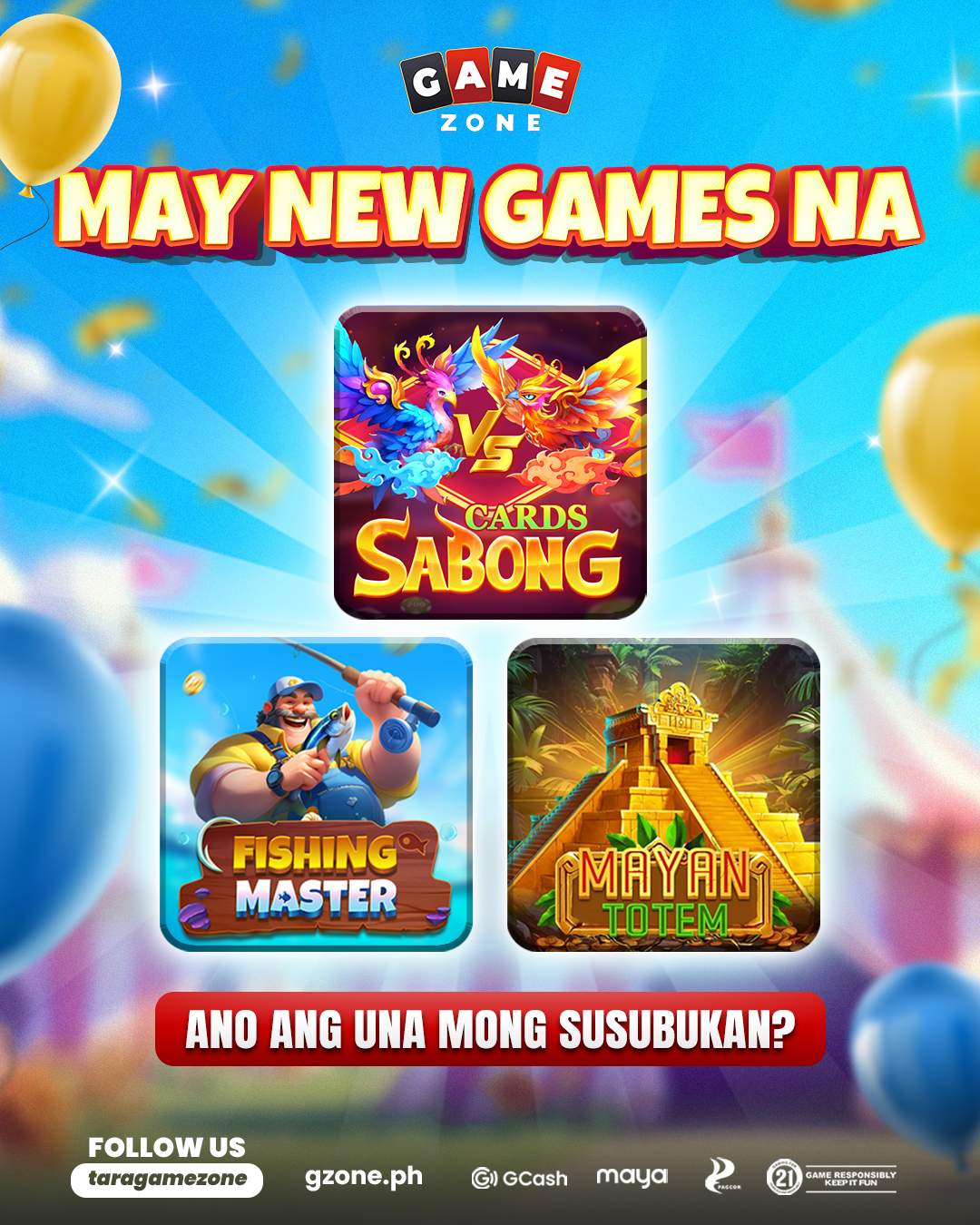 Advertisement for new games at Game Zone, featuring Cards Sabong, Fishing Master, and Mayan Totem, with a question asking "What is your favorite?" in Filipino.