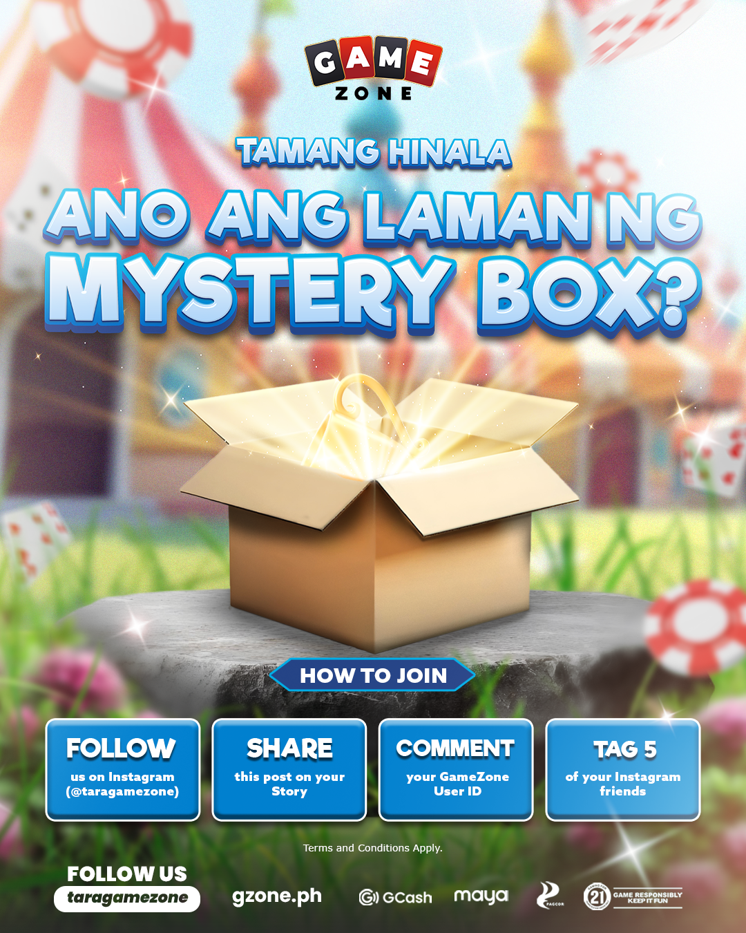 A colorful promotional poster for a game zone activity asking, 'What is inside this mystery box?' The image shows an open beige box emitting a glowing light with sparkles, set against a blurred carnival background with tents and game-related decorati