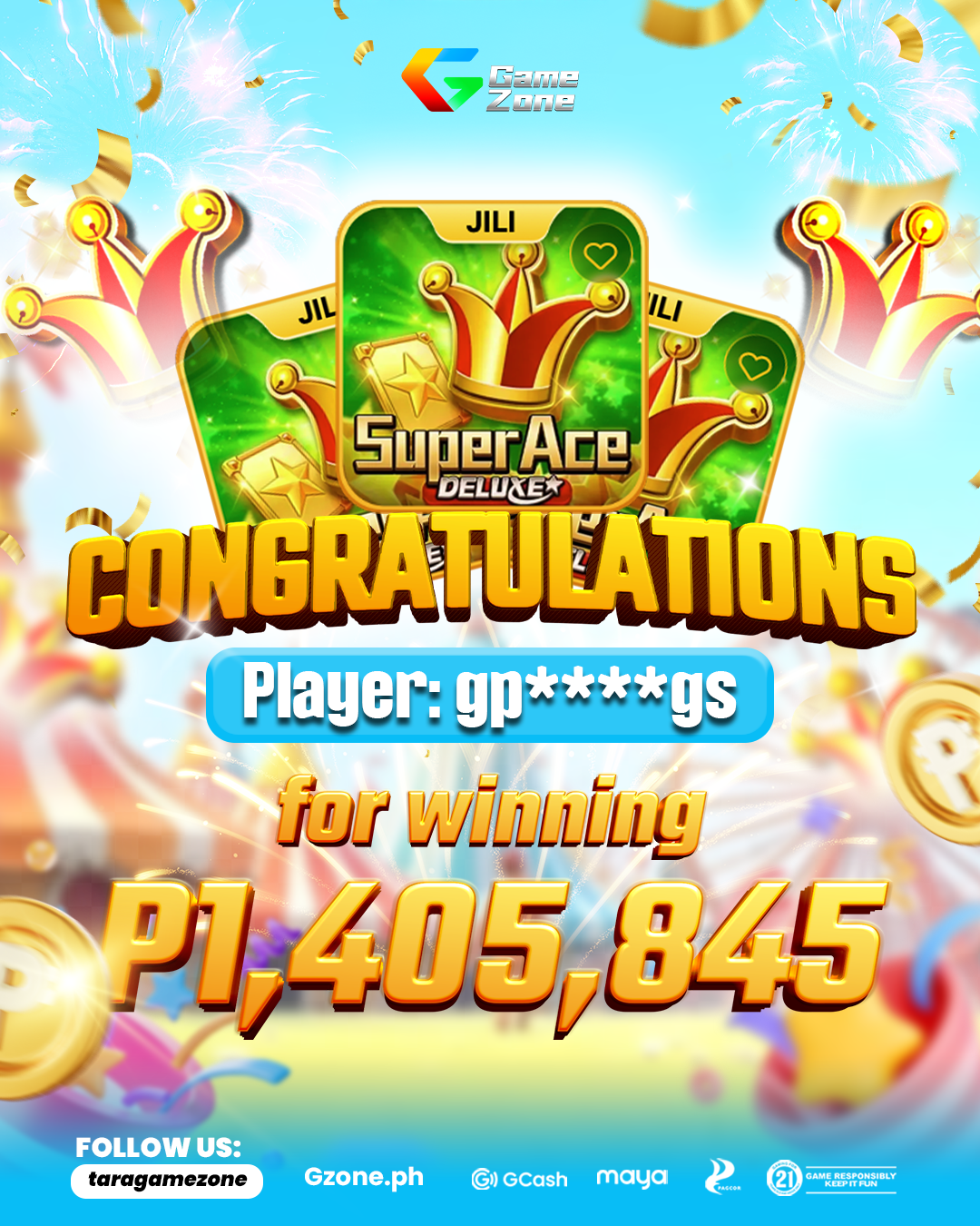 Celebratory graphic for Game Zone, featuring multiple Super Ace Deluxe cards, a large congratulatory message for a winning amount of P1,405,845, and festive elements like fireworks, gold coins, and confetti.