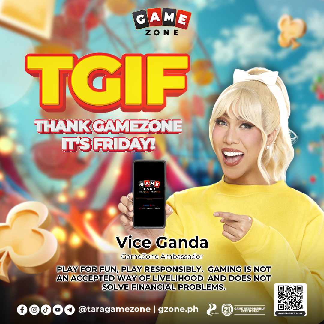 Promotional poster for GameZone advertising an event called TGIF with the tagline "Thank GameZone it's Friday!" featuring Vice Ganda, who is pointing at a phone displaying the GameZone logo. The background shows a carnival with a Ferris wheel, and th