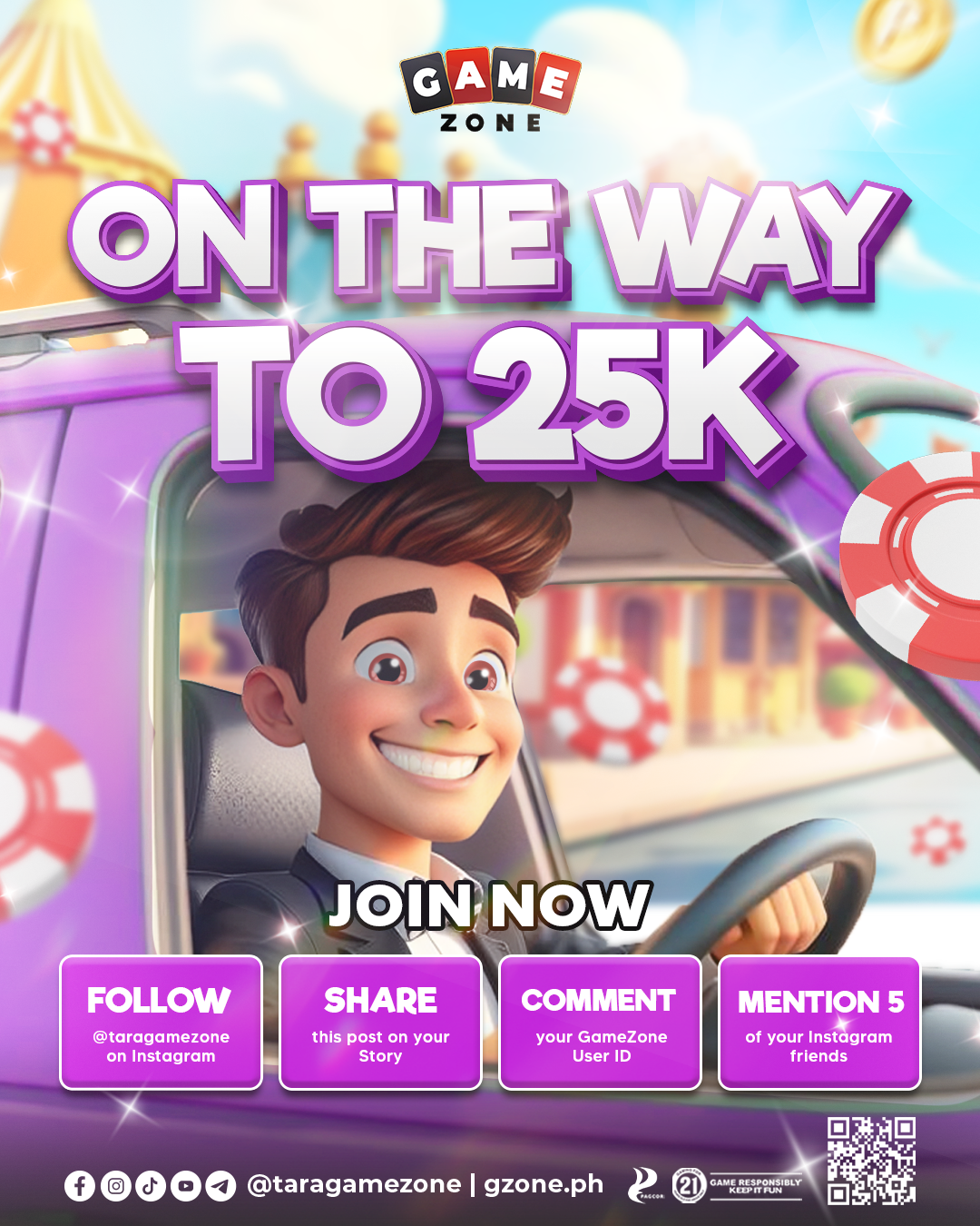 Promotional poster with a cartoon character of a young man smiling and driving a purple vehicle. Text overlay states "On the way to 25K," encouraging viewers to join, follow, share, comment, and mention friends on Instagram. Details about the GameZon