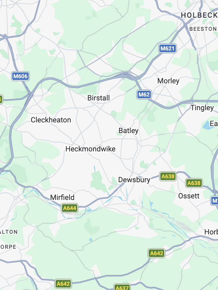 Map of areas including Birstall, Morley, Batley, Heckmondwike, Dewsbury, Mirfield, and surrounding towns in England.
