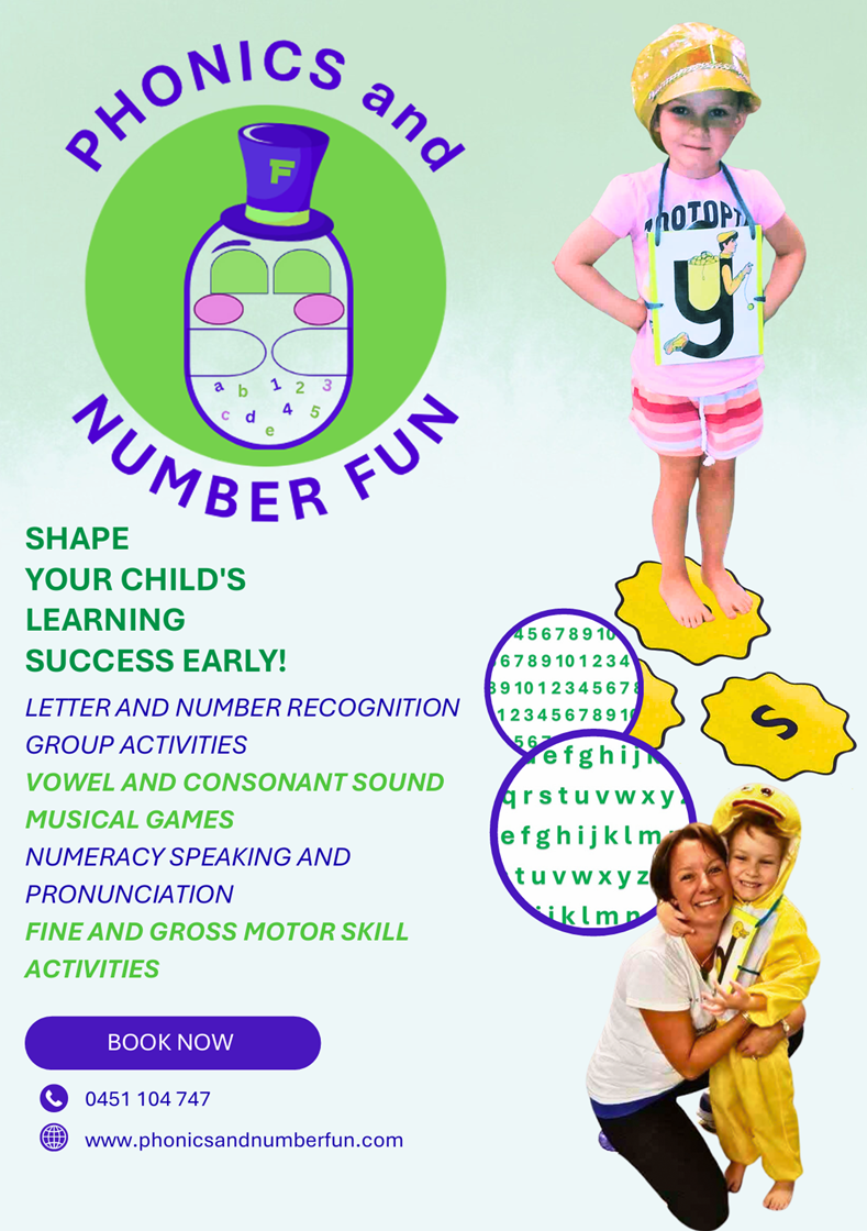 An advertisement for phonics and number learning activities for children, featuring images of letter and number charts, a child wearing a hat with the letter 'Y', and a woman with a child in a yellow jacket. The text promotes early success through activities like letter and number recognition, vowel and consonant sounds, musical games, and motor skill activities.