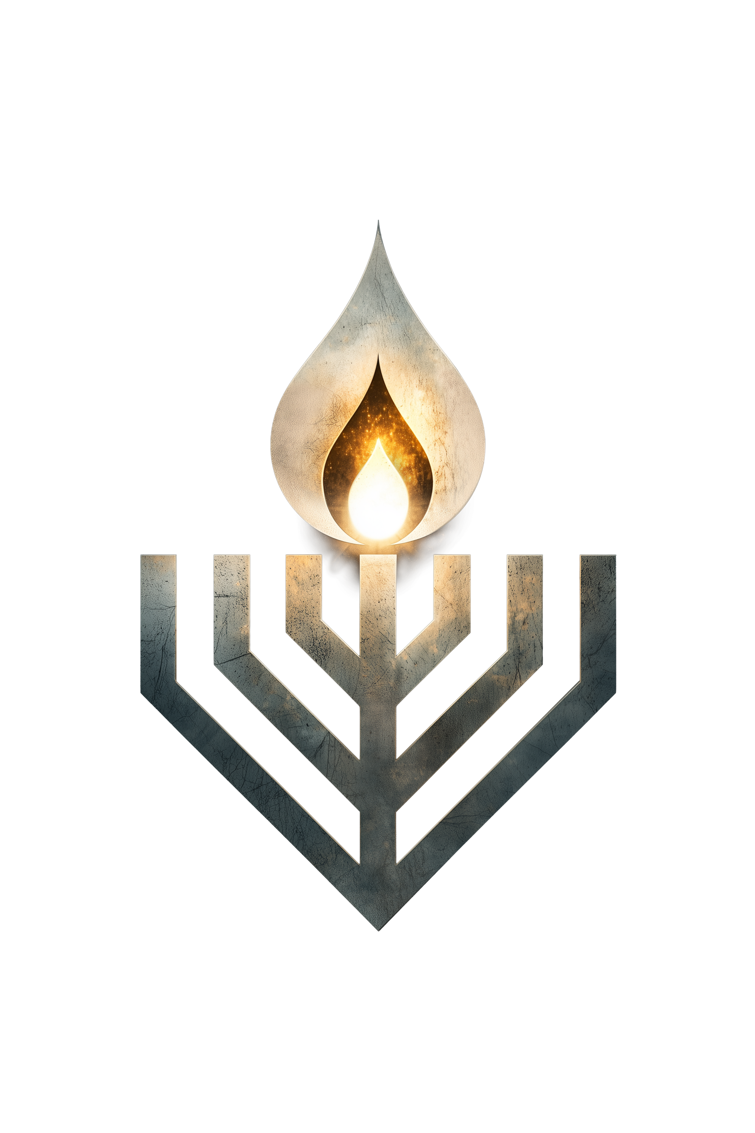 A menorah with a glowing flame on top, featuring a metallic, stylized design with a dark background.
