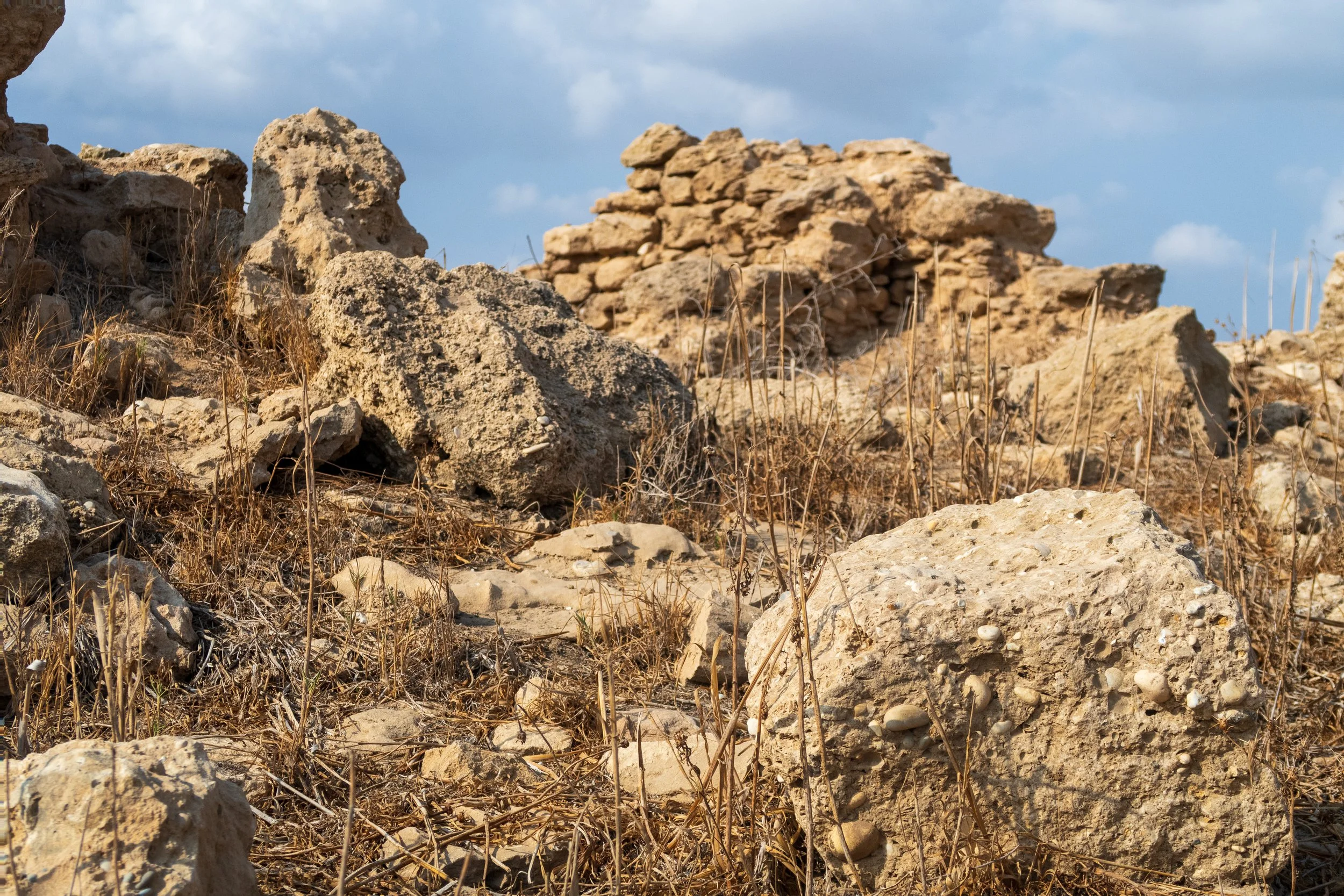 Dry, rocky terrain with sparse, brown grass and scattered large rocks under a partly cloudy sky.