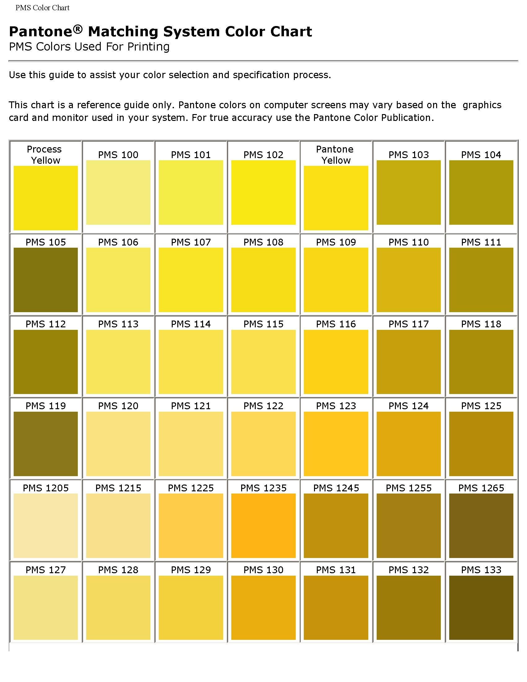 Pantone color chart showing various shades of yellow and brown, organized in a grid with color swatches labeled with Pantone codes.