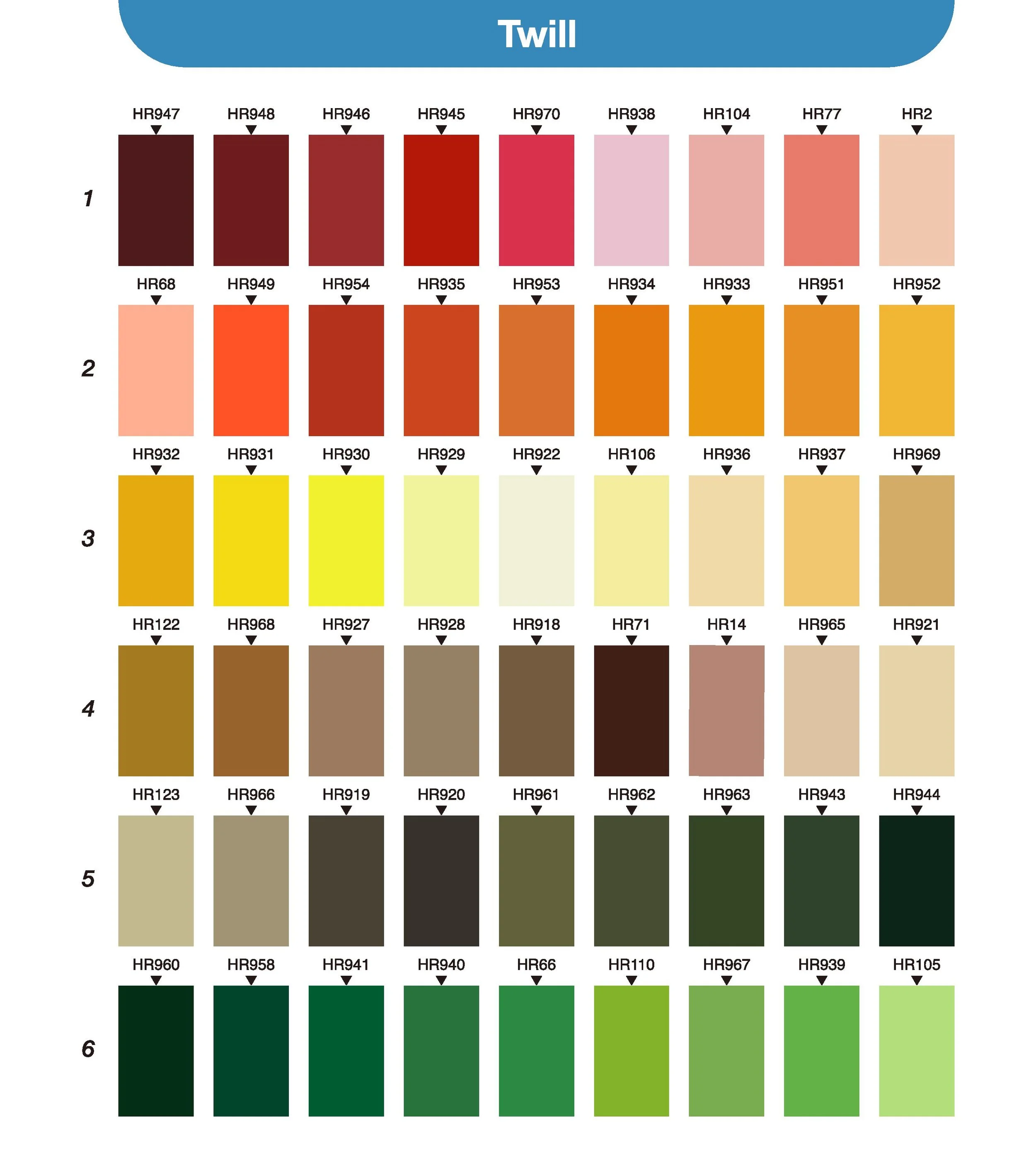 Color chart titled 'Twill' with six rows of color swatches and their respective codes, arranged from dark to light shades, featuring various hues of red, orange, yellow, brown, gray, green, and beige.