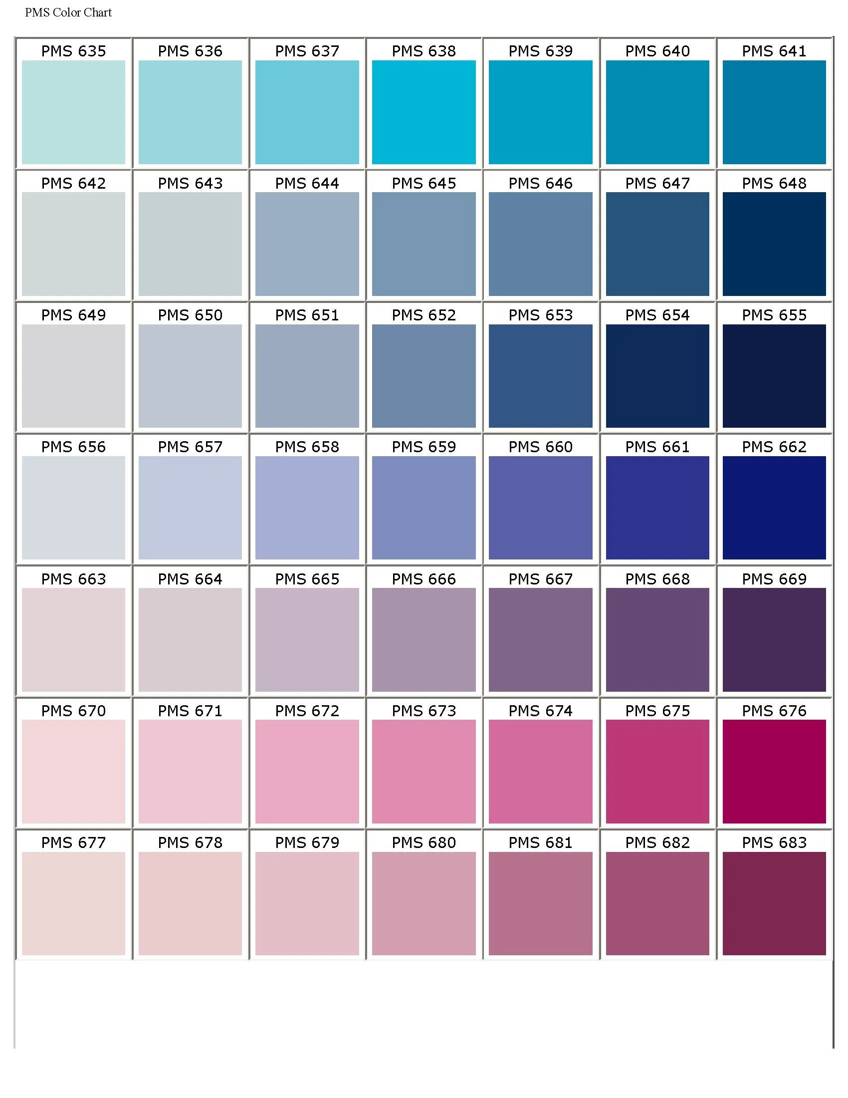 PMS color chart displaying a gradient of pastel to vibrant colors arranged in rows and columns, each labeled with a specific PMS color code.