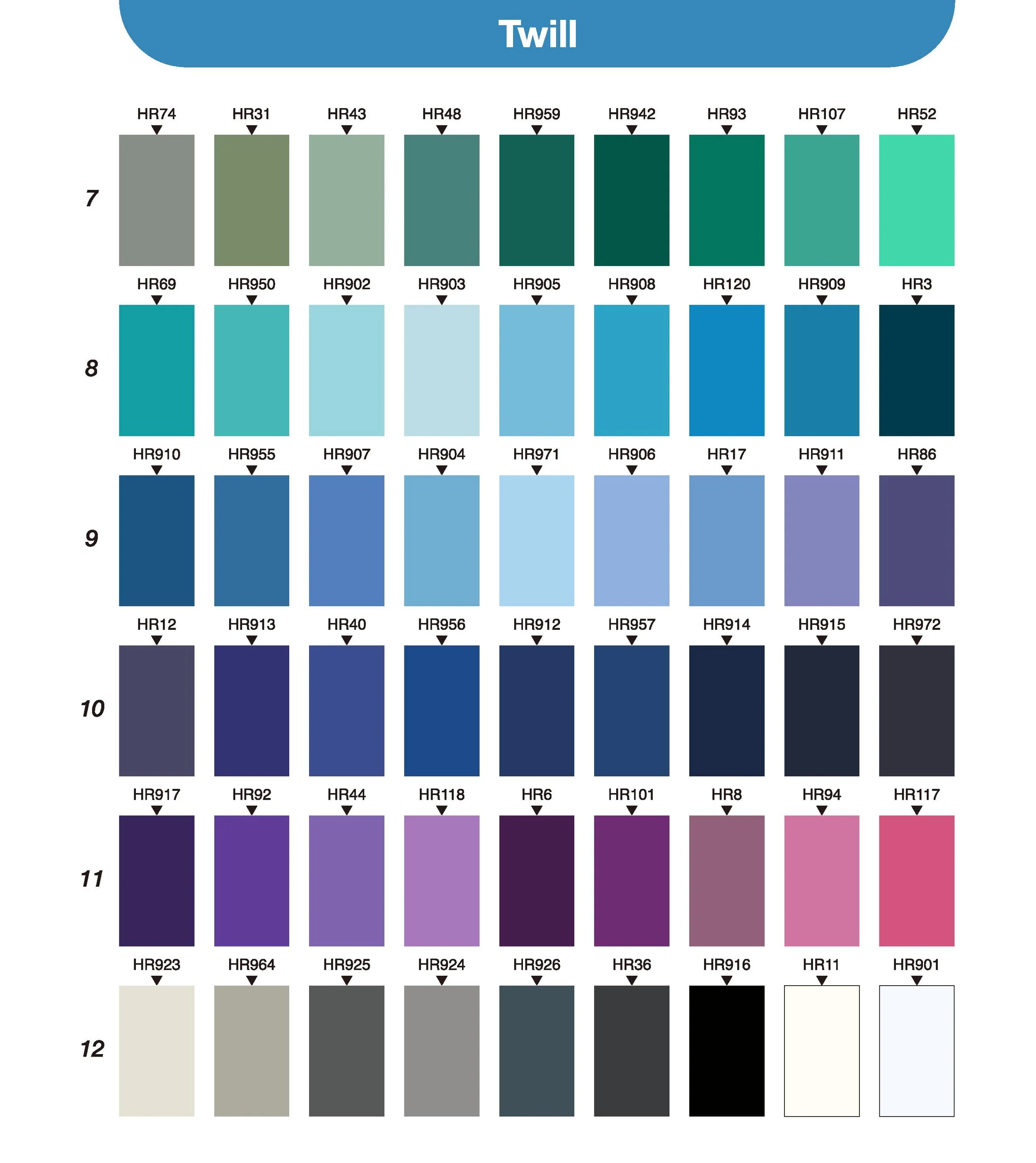 Color chart labeled 'Twill', with rows numbered 7 to 12. Each row contains color swatches with coded labels, ranging from gray, green, and teal to blue, purple, and neutral shades.