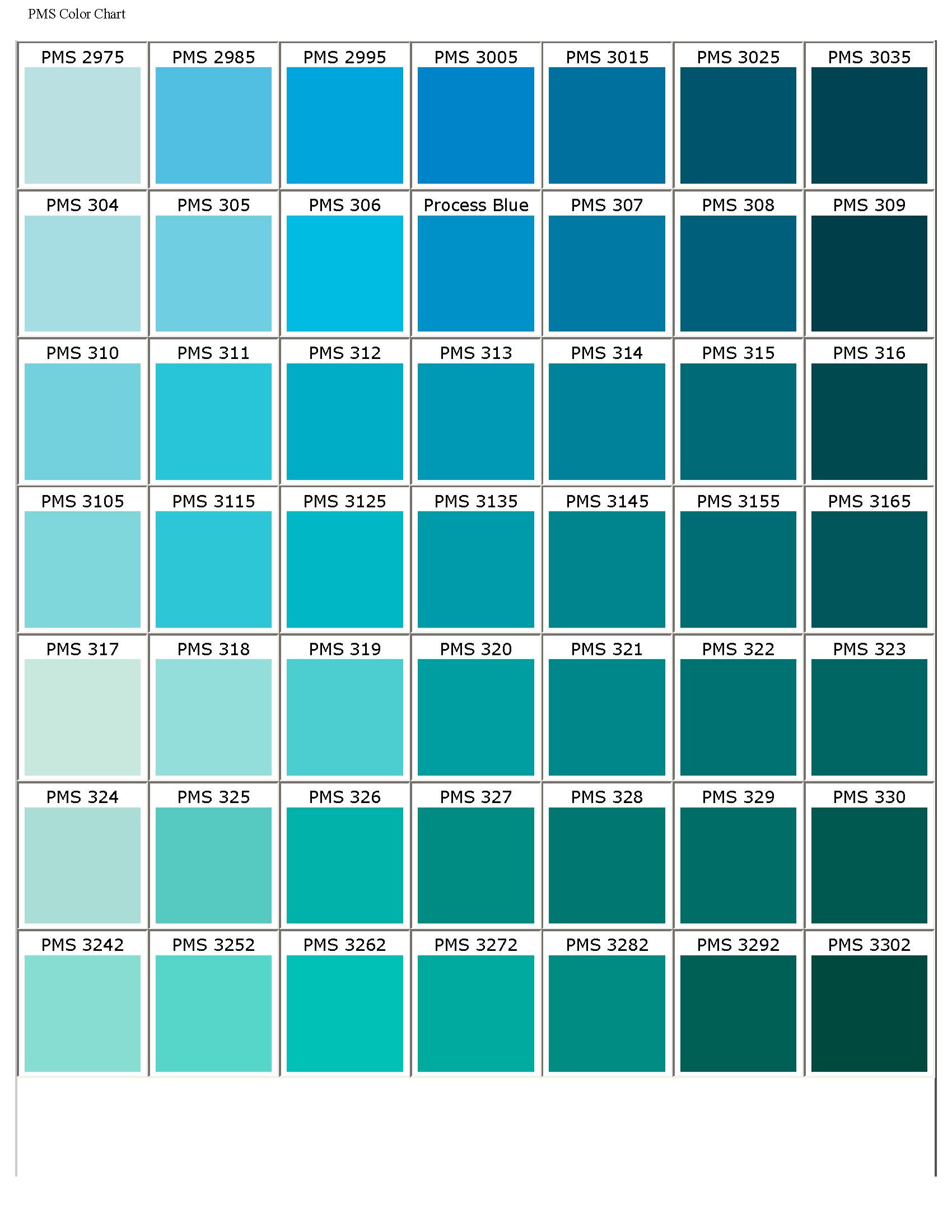 Color chart displaying various shades of blue labeled with PMS and process color codes.