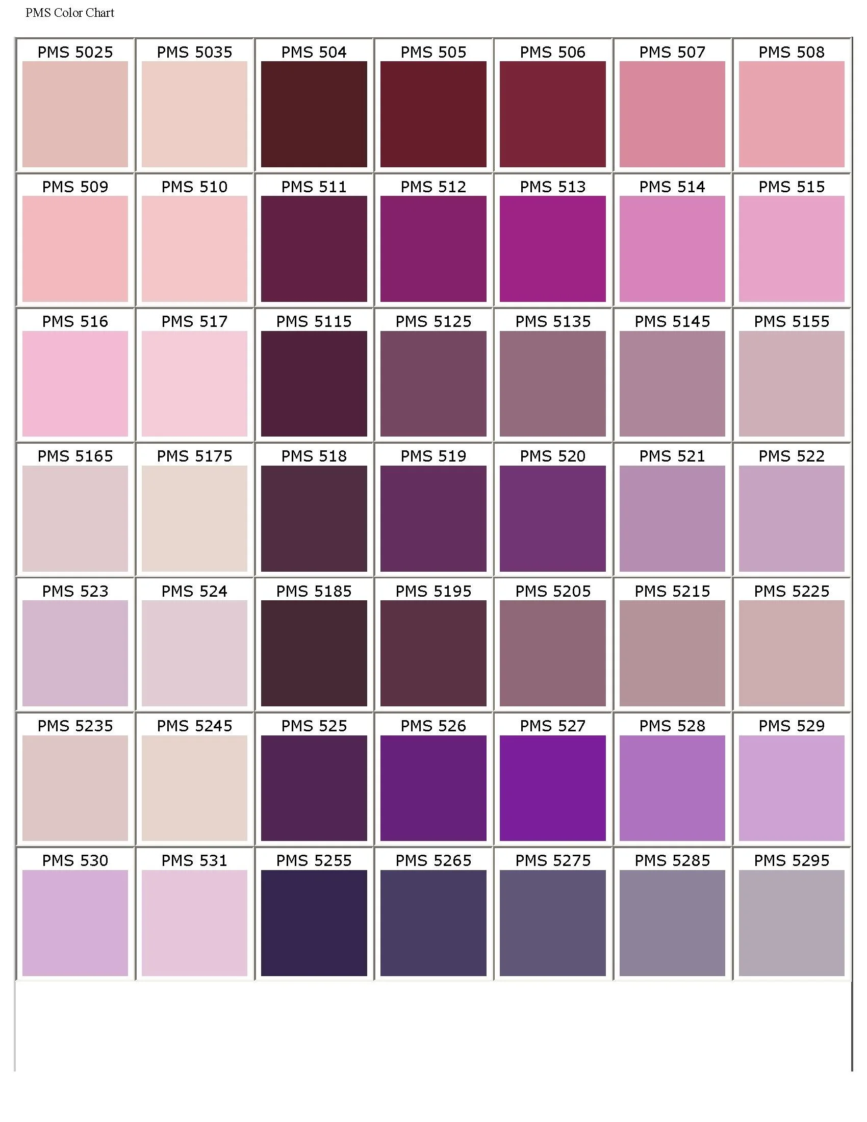 A color chart displaying various shades of purple, pink, and dark hues labeled with PMS color codes.