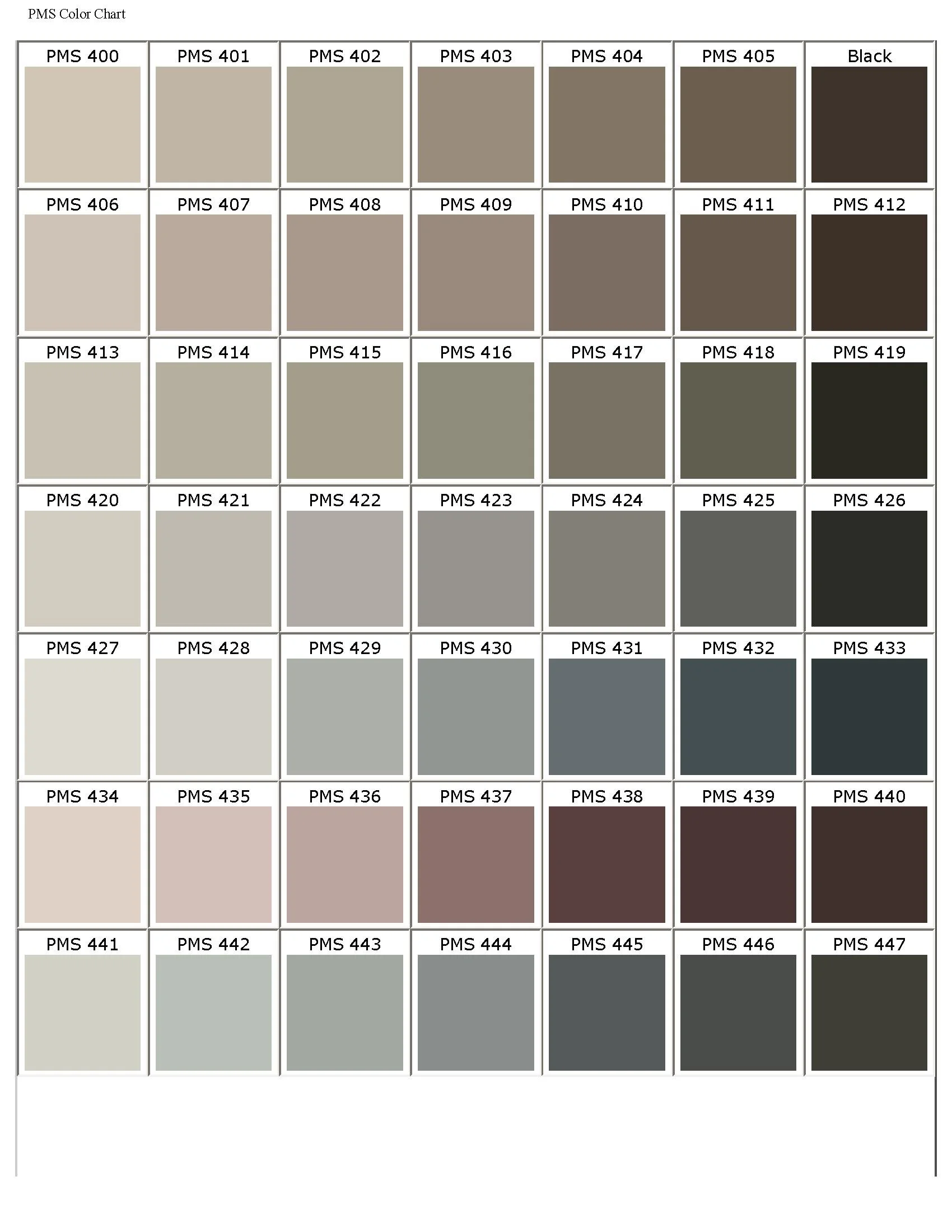 Color chart titled 'PMS Color Chart' displaying various shades of beige, gray, and black in a grid format with hex code labels for each color.