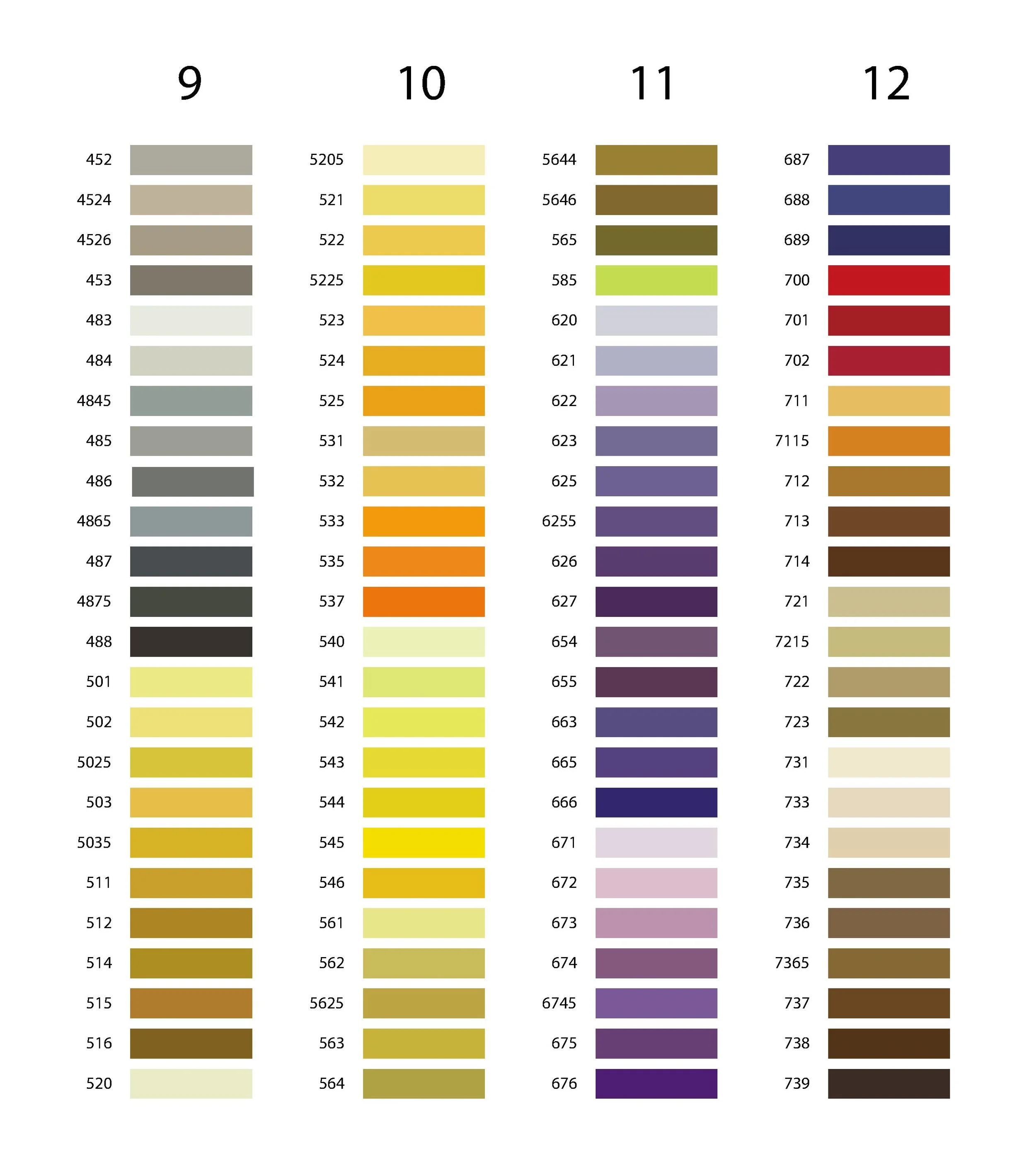 Color swatch chart displaying various shades of greens, yellows, purples, reds, and browns with corresponding color codes.