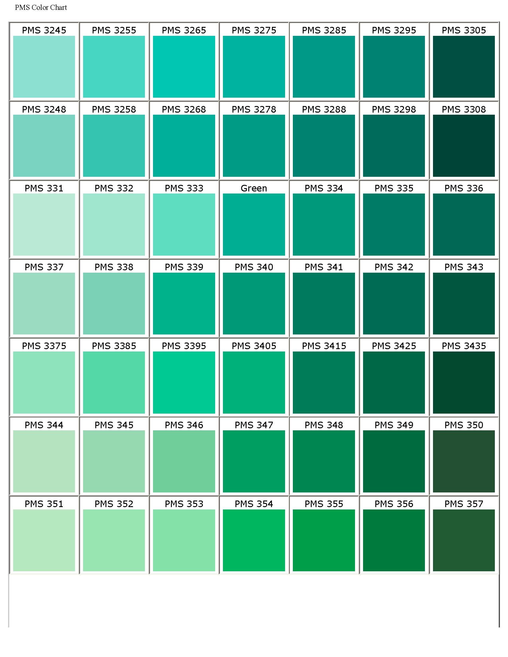 A color chart with multiple shades of green and blue, labeled with PMS color codes.