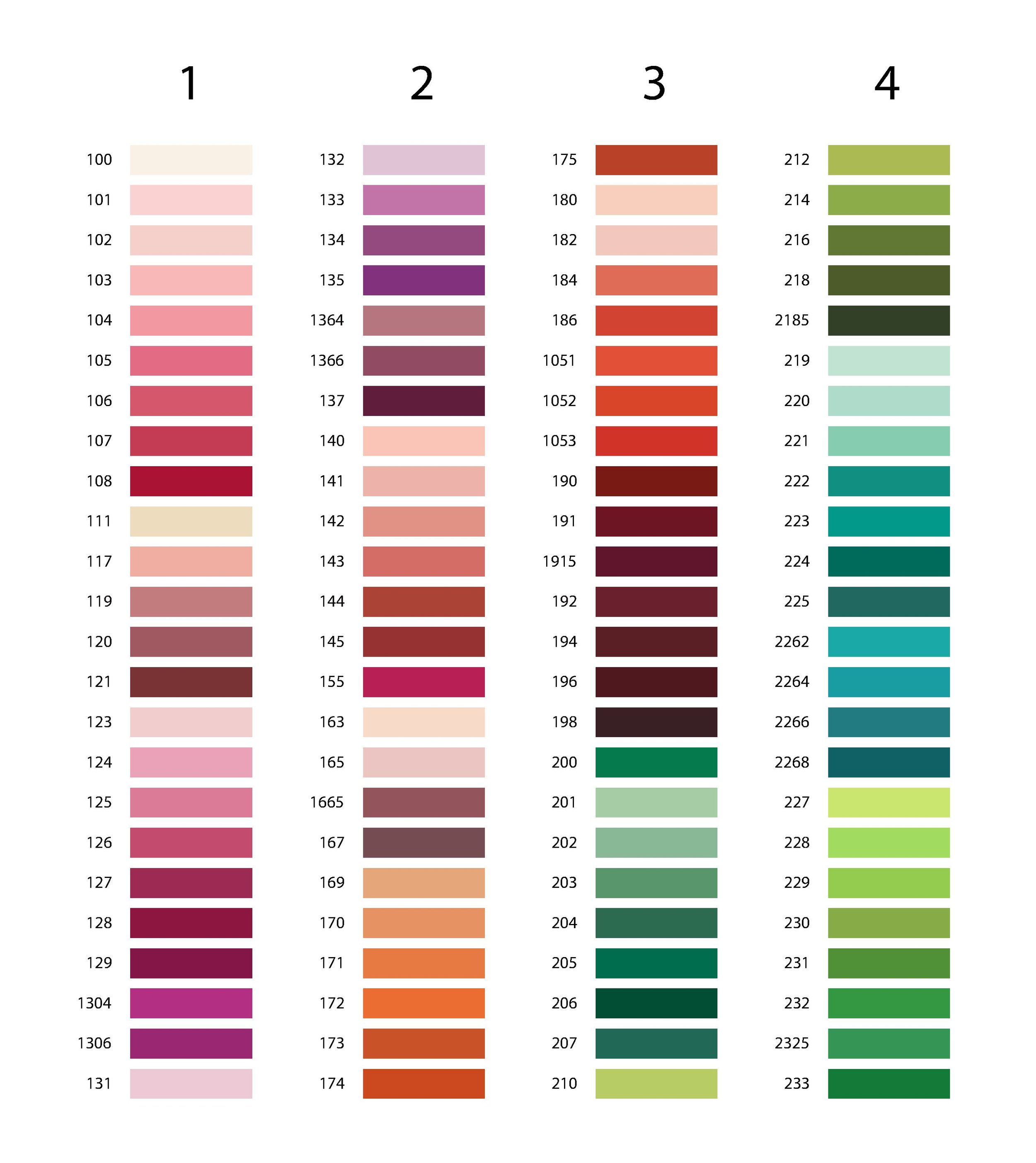 Color chart displaying numbered shades of various colors including pinks, purples, reds, greens, blues, and browns.