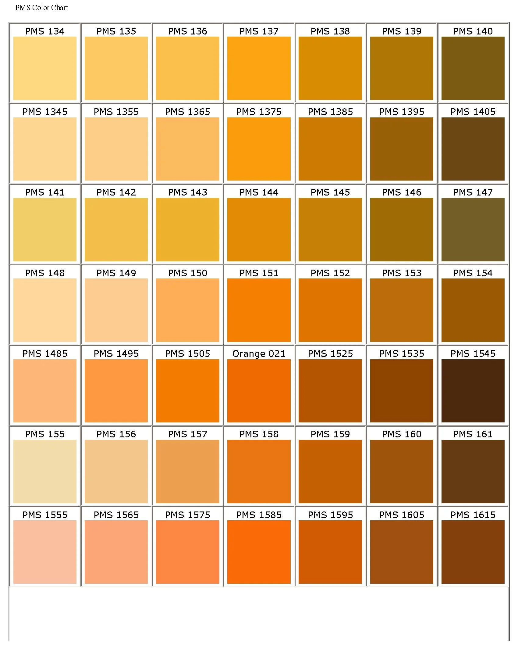 A PMS color chart with various shades of yellow, orange, and brown arranged in a grid pattern.
