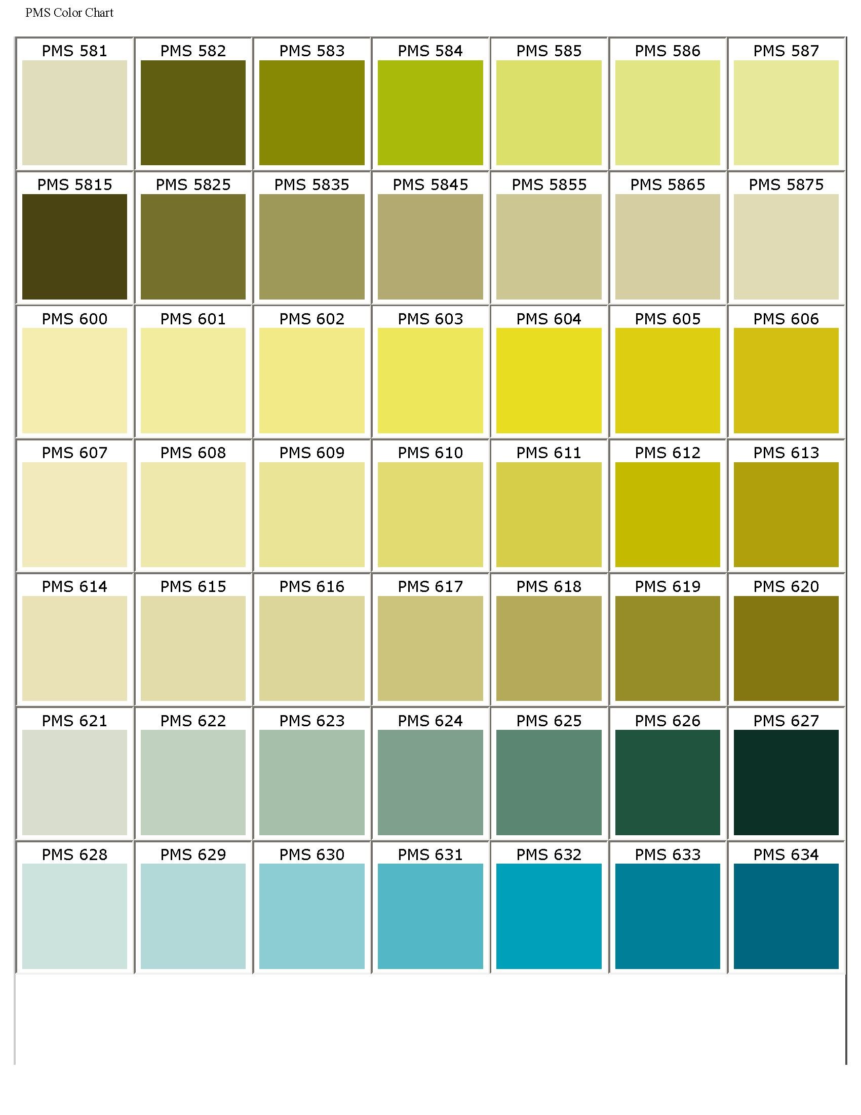 A PMS color chart displaying various shades of green, yellow, and blue, arranged in a grid with each color labeled by its PMS number.