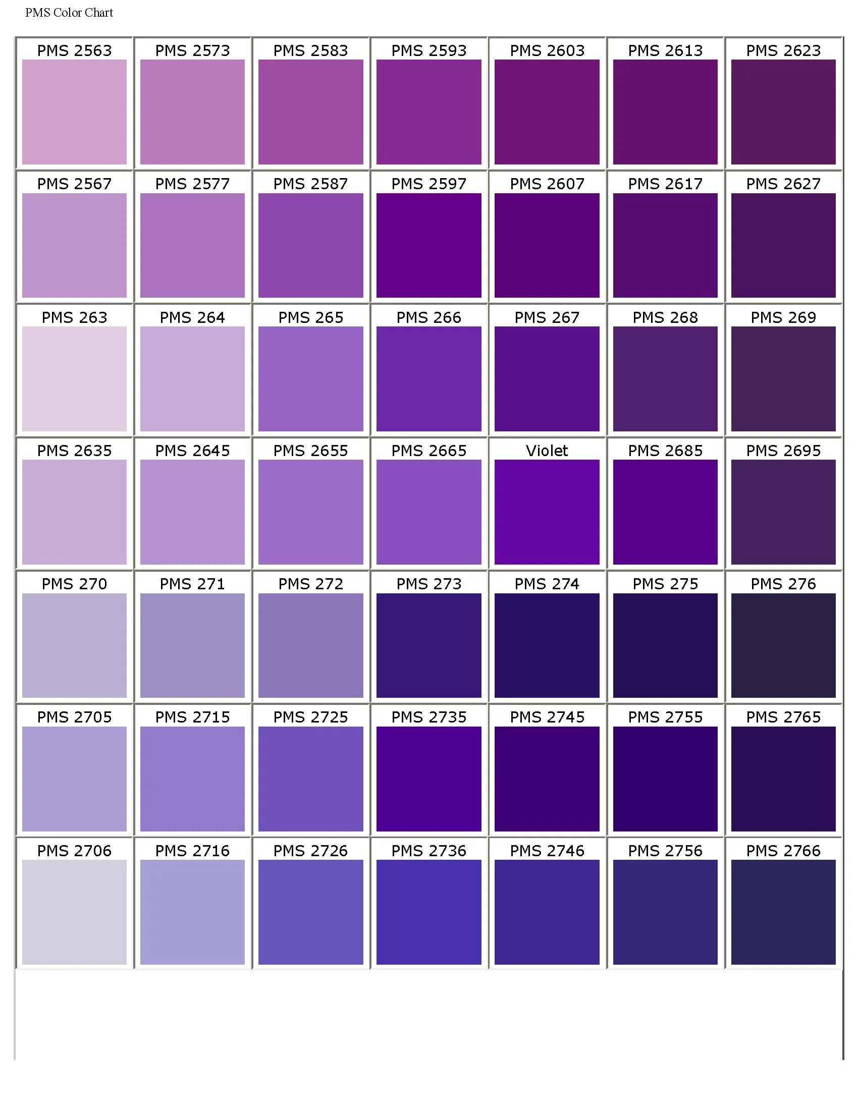 A color chart with multiple shades of purple, arranged in a grid with each shade labeled with a code and name.
