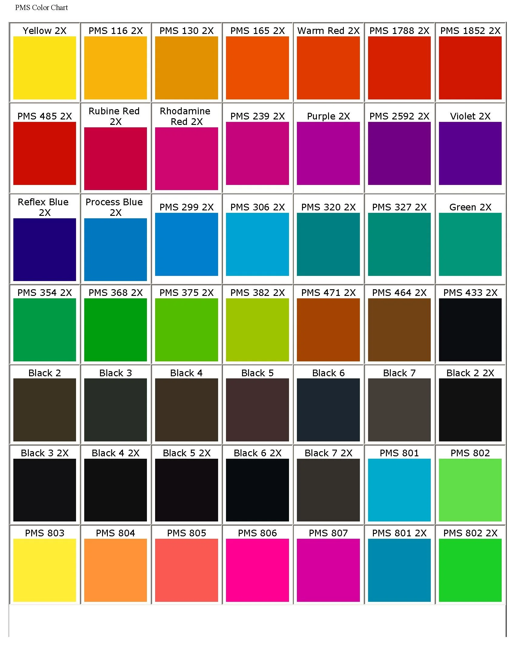 A PMS color chart displaying various colors with their respective codes and names, organized in a grid.