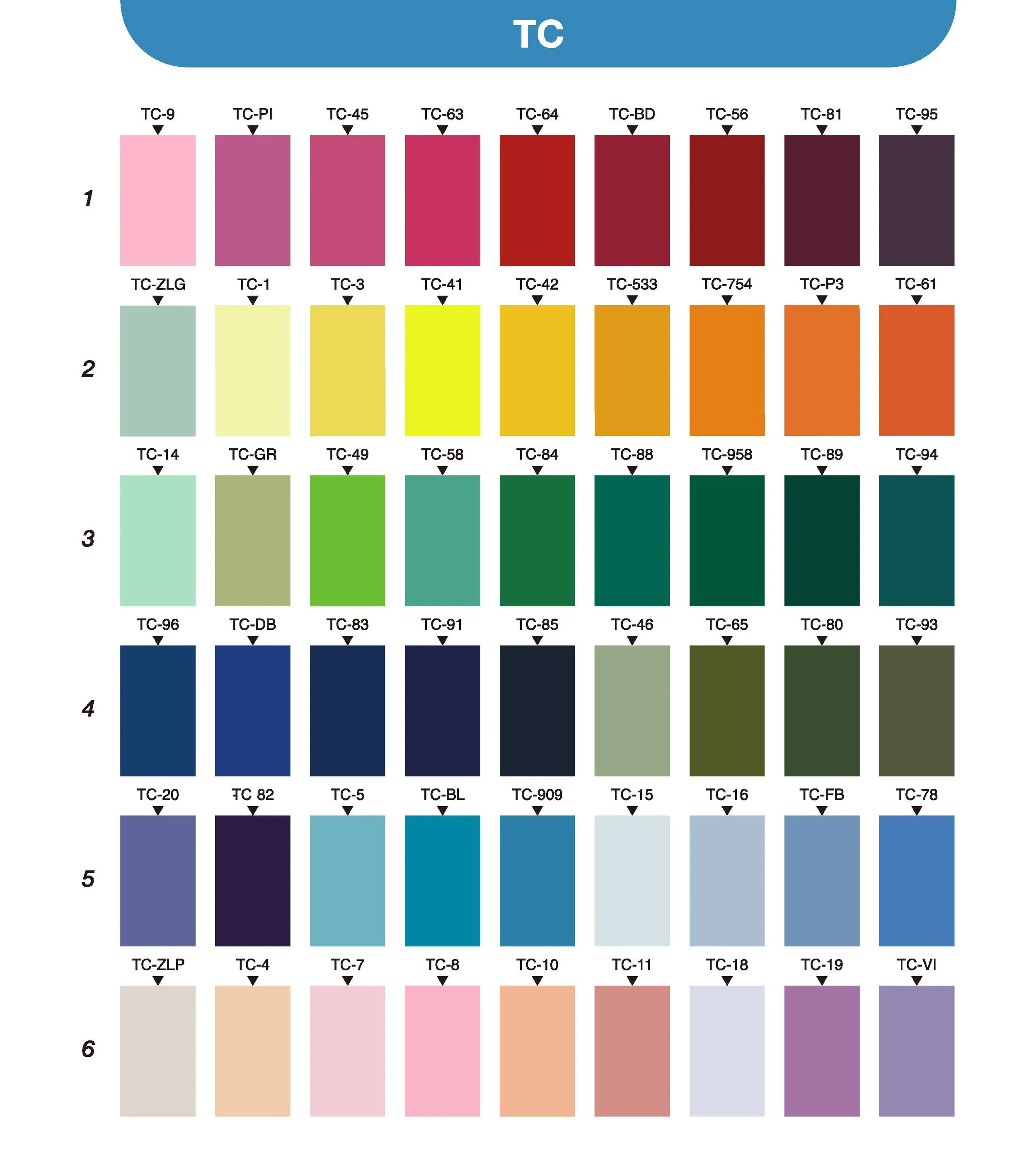 Color chart with 6 rows and multiple color swatches labeled with codes such as TC-9, TC-PI, TC-45, TC-63, and so on.