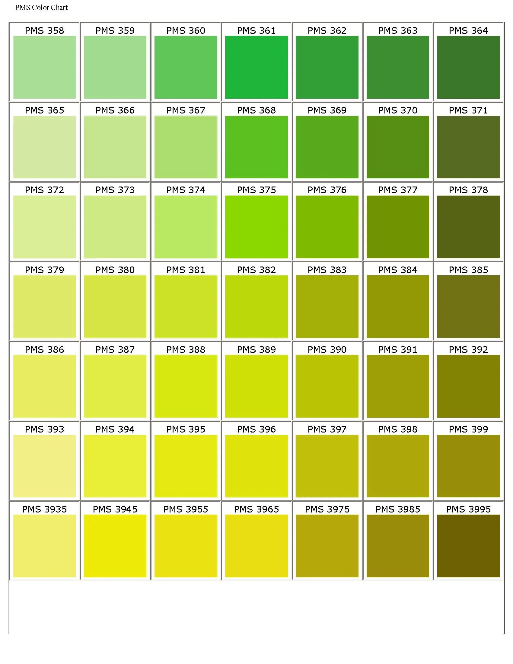 Color chart with swatches arranged in rows and columns, labeled with PMS numbers from 358 to 3995, showing a gradient from light green to dark yellow-green.