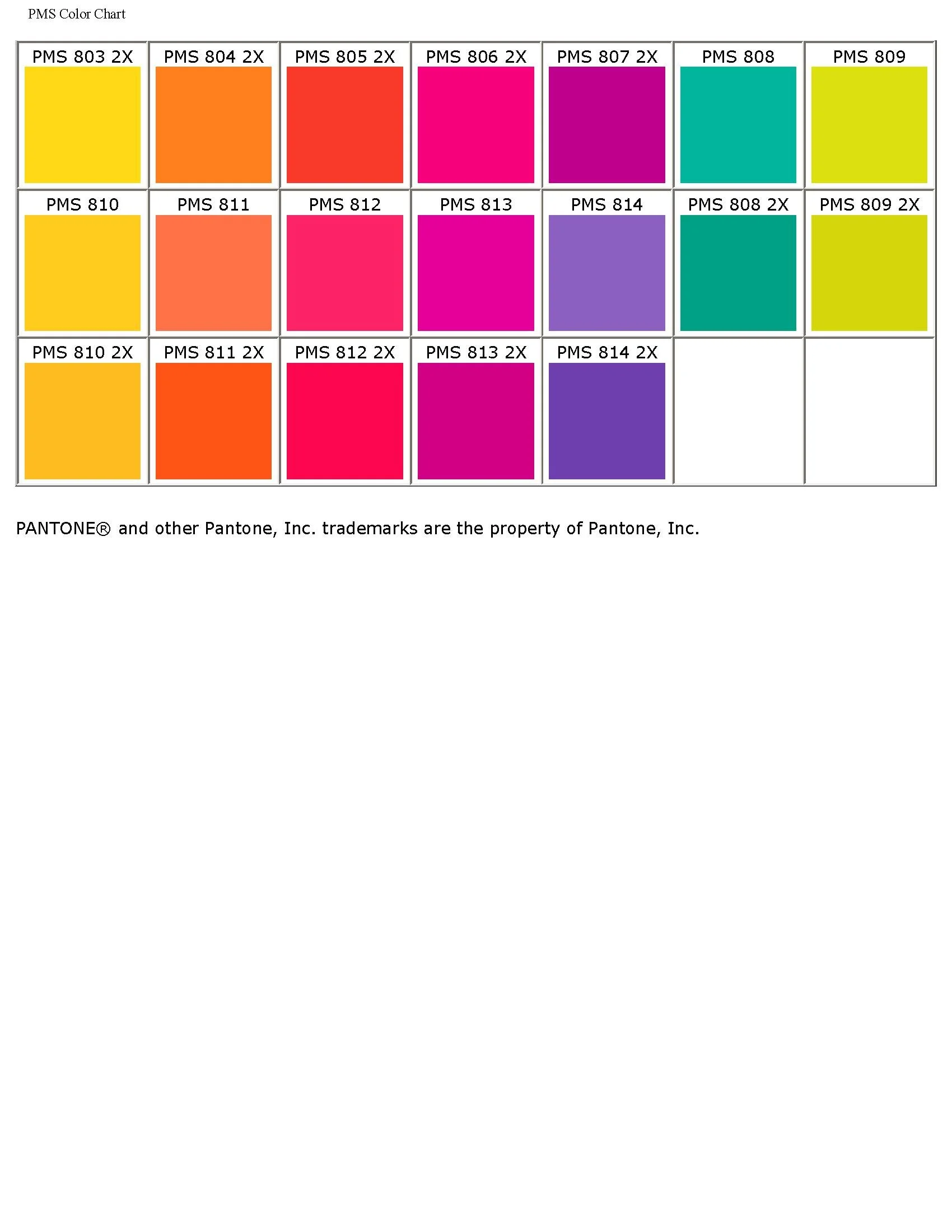 Color chart displaying various shades of pink, orange, red, yellow, green, purple, and teal with PMS color codes.