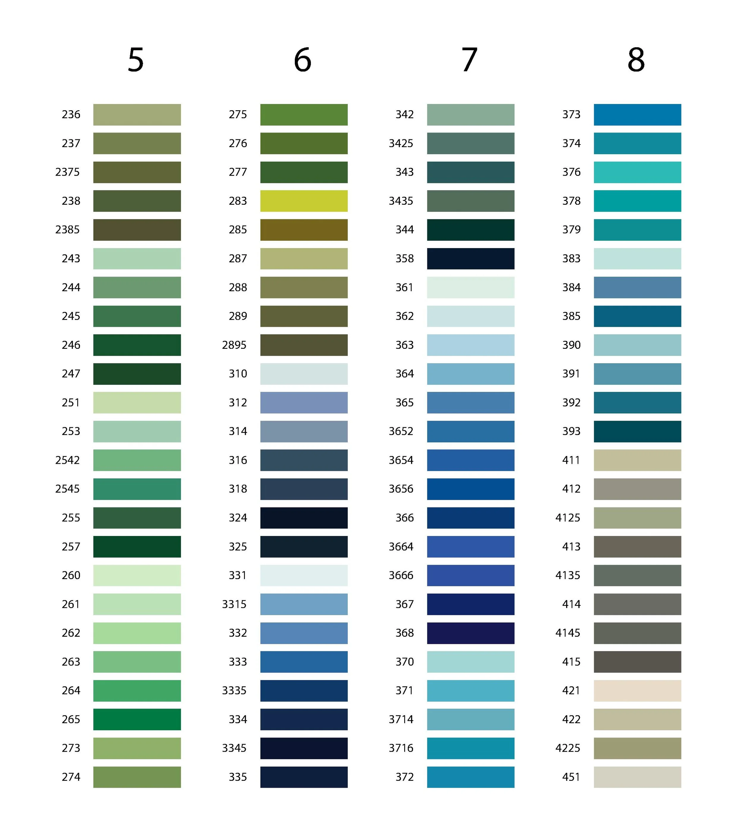 Color chart with columns labeled 5, 6, 7, 8, showing various shades of greens, blues, and grays with corresponding color codes.