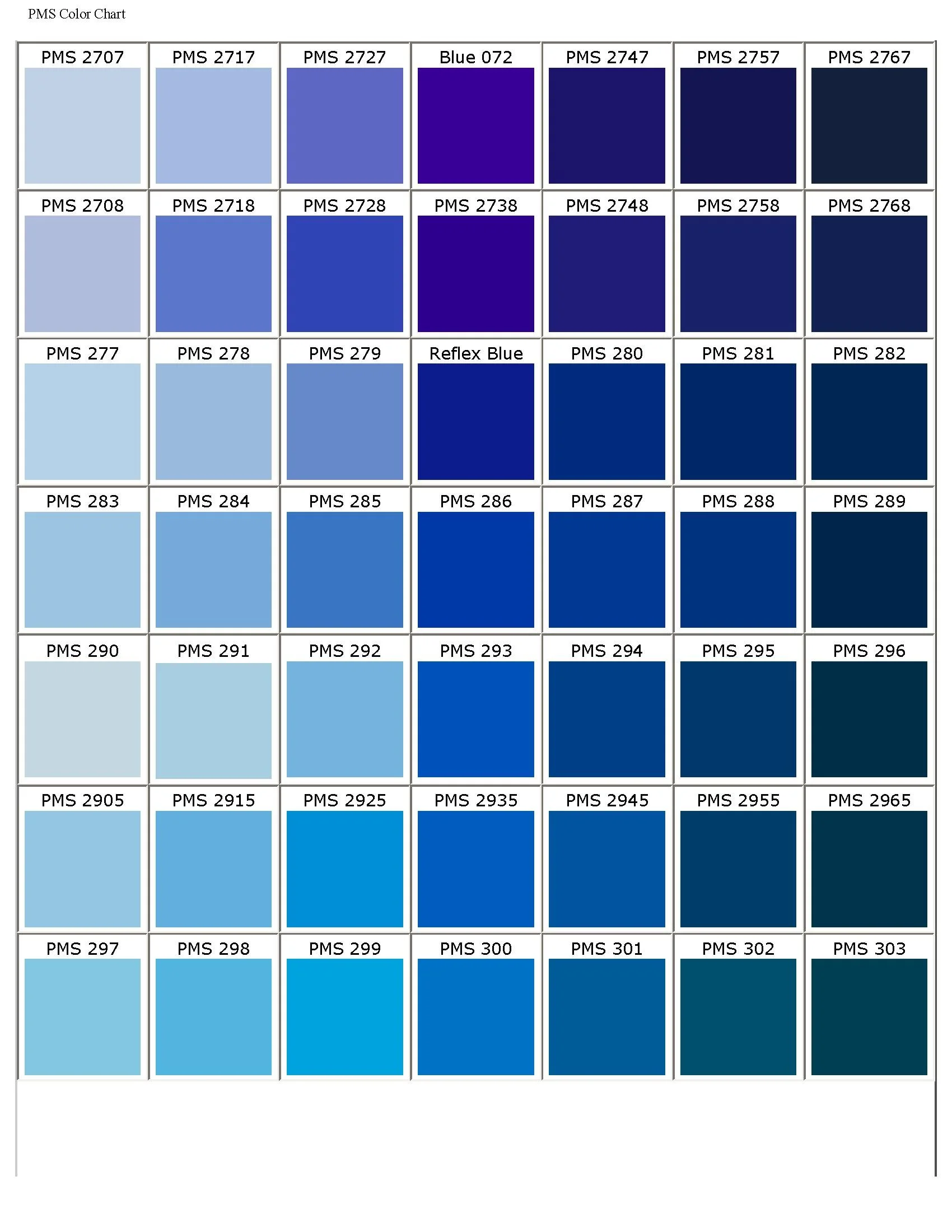 A color chart of various shades of blue in a grid format with color codes and names.