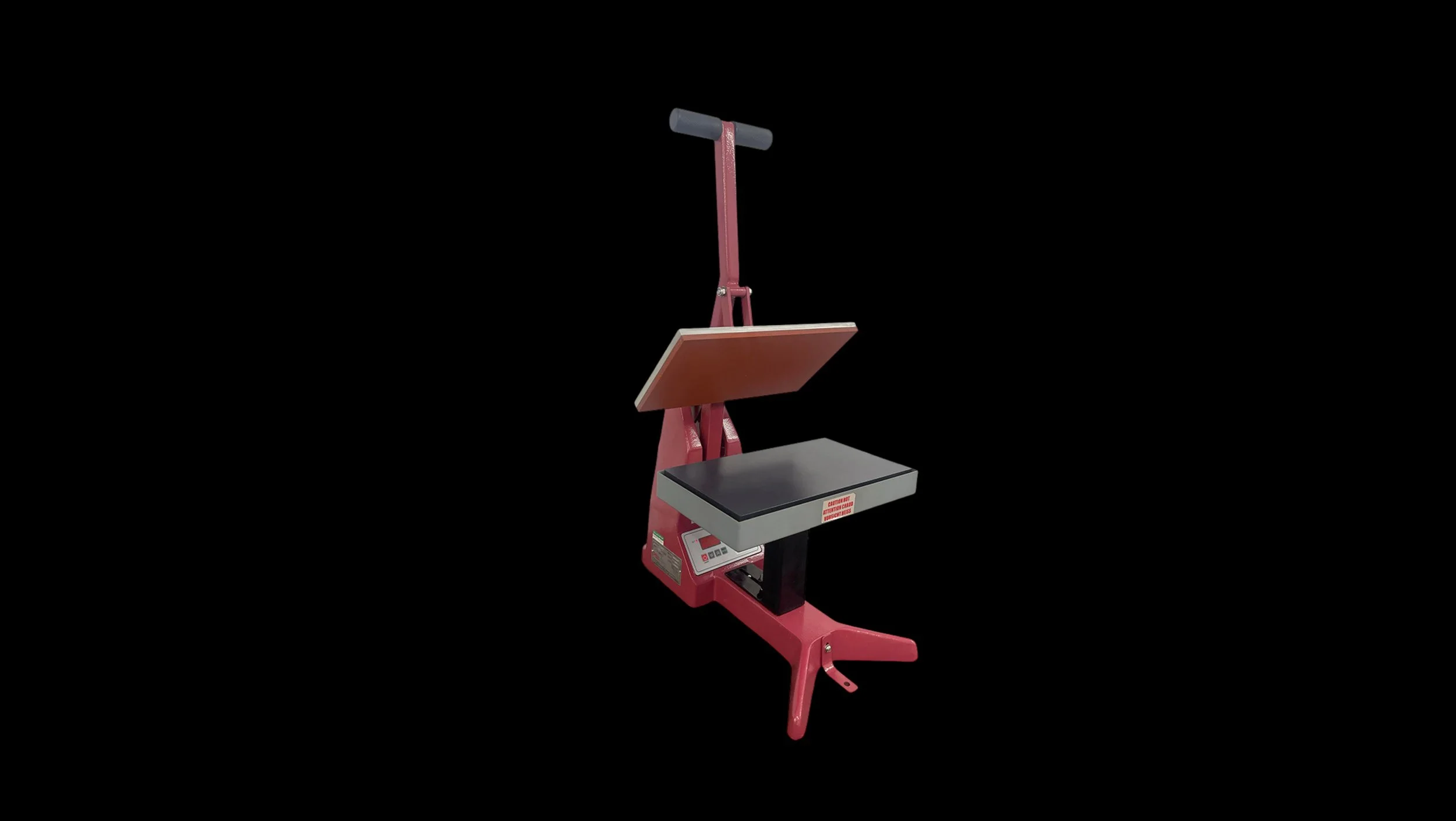 A red and black tabletop e-waste shredder with a handle on top and a platform for placing items to be shredded.