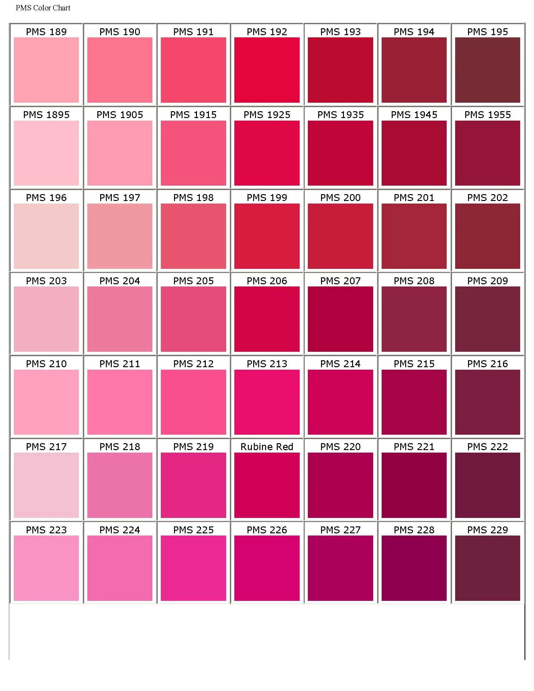 PMS color chart displaying shades of pink, red, and maroon labeled with color codes.