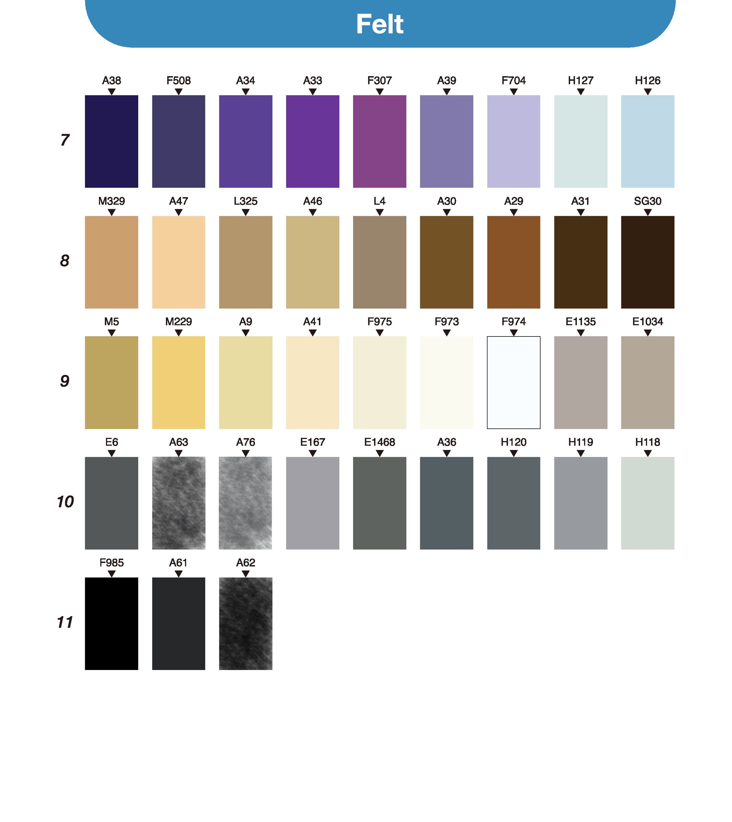 Color chart titled 'Felt,' displaying various color swatches organized in rows numbered 7 through 11, each labeled with a code.