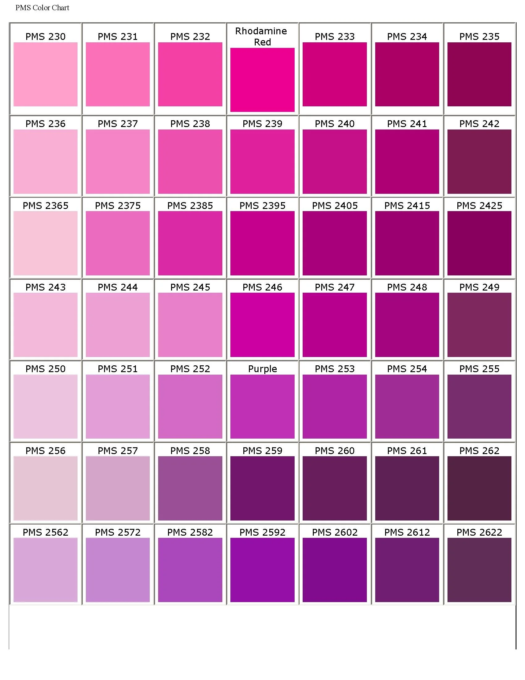 Color chart displaying various shades of pink and purple, organized in a grid with labels such as PMS 230 to PMS 262, including a separate rhodamine red and purple section.