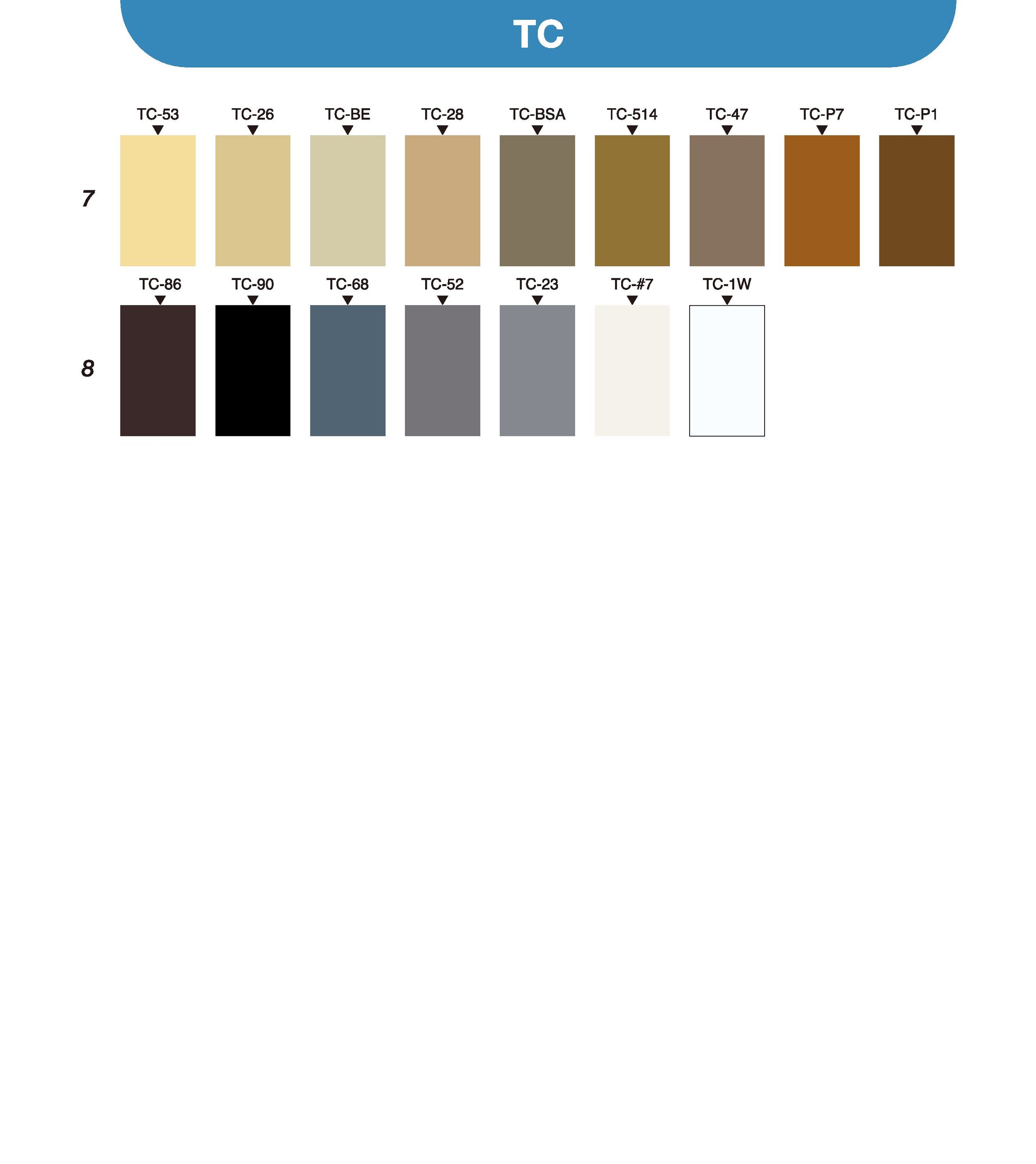 Color palette chart with various shades of beige, black, gray, white, and brown, each labeled with a code.