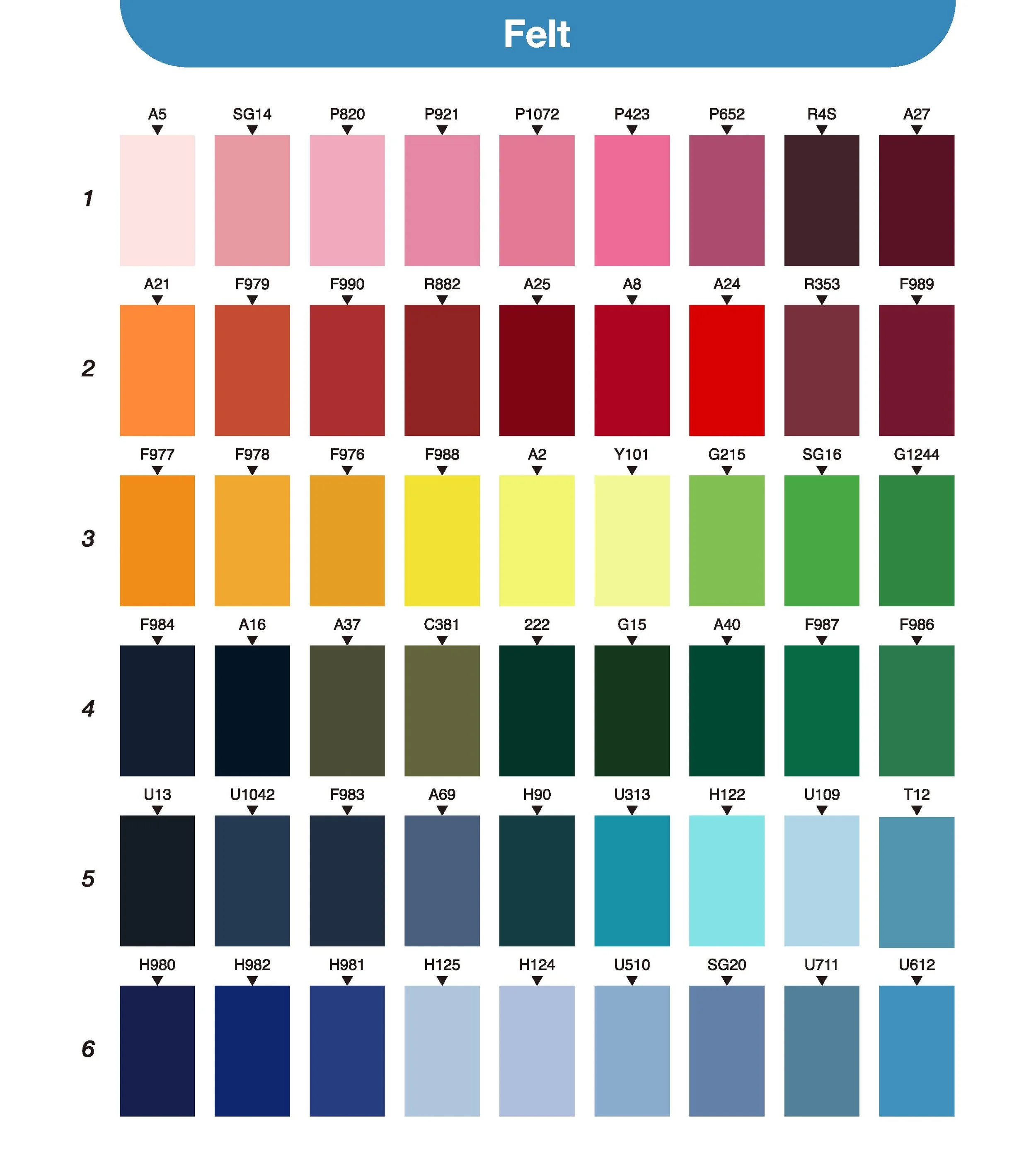 A color chart titled 'Felt' with six rows of color swatches. Each swatch has a color code and an alphanumeric label, with shades ranging from light pinks, reds, yellows, greens, to blues.