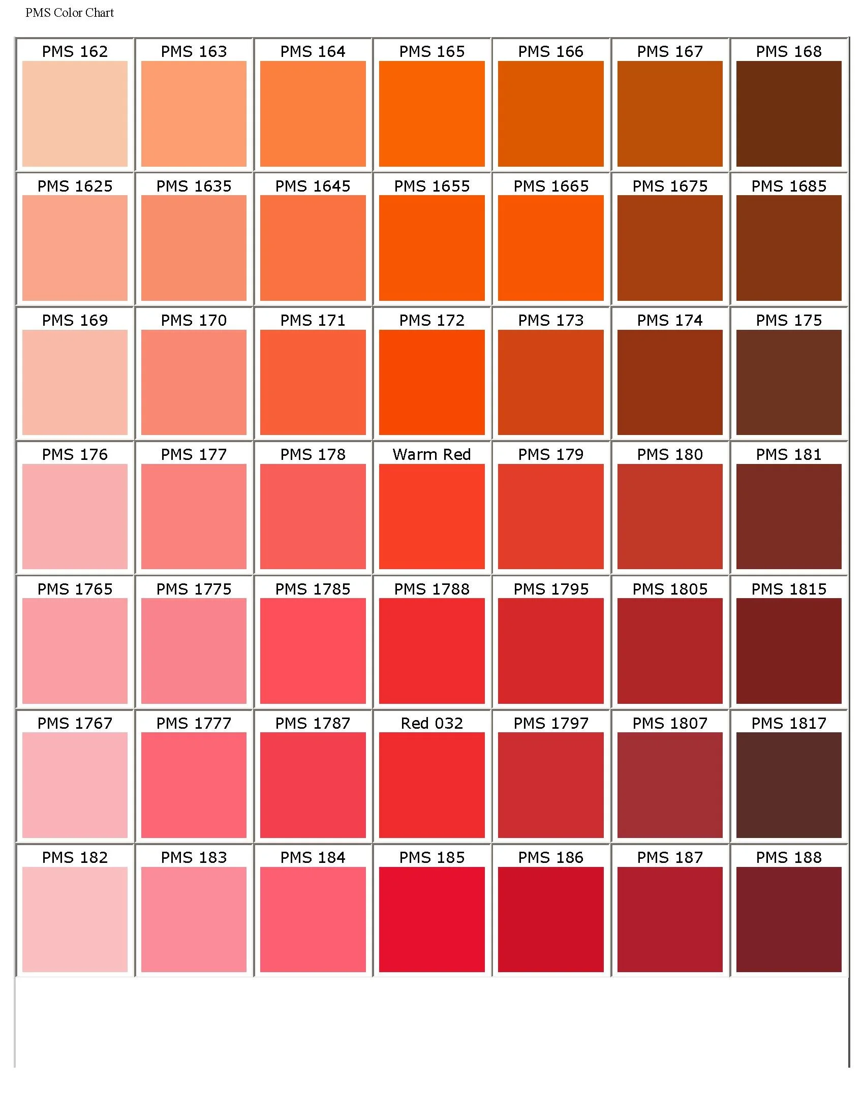 PMS color chart showing a range of shades from light pink to dark red and brown hues with labels such as PMS 162 to PMS 188, including a 'Warm Red' and 'Red 032' among the color samples.