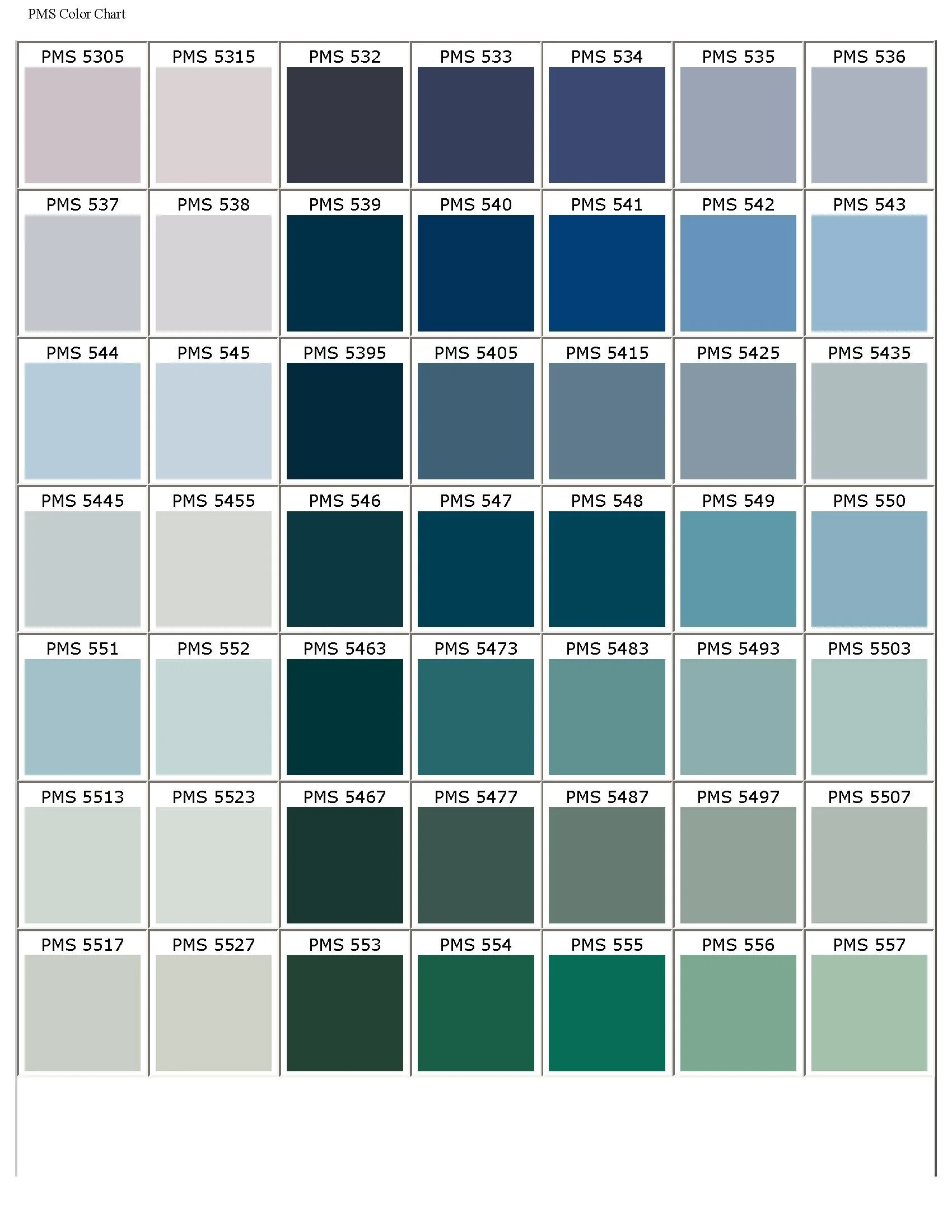 Color chart composed of small squares stained in various shades of blue, gray, and green, each labeled with PMS color codes.