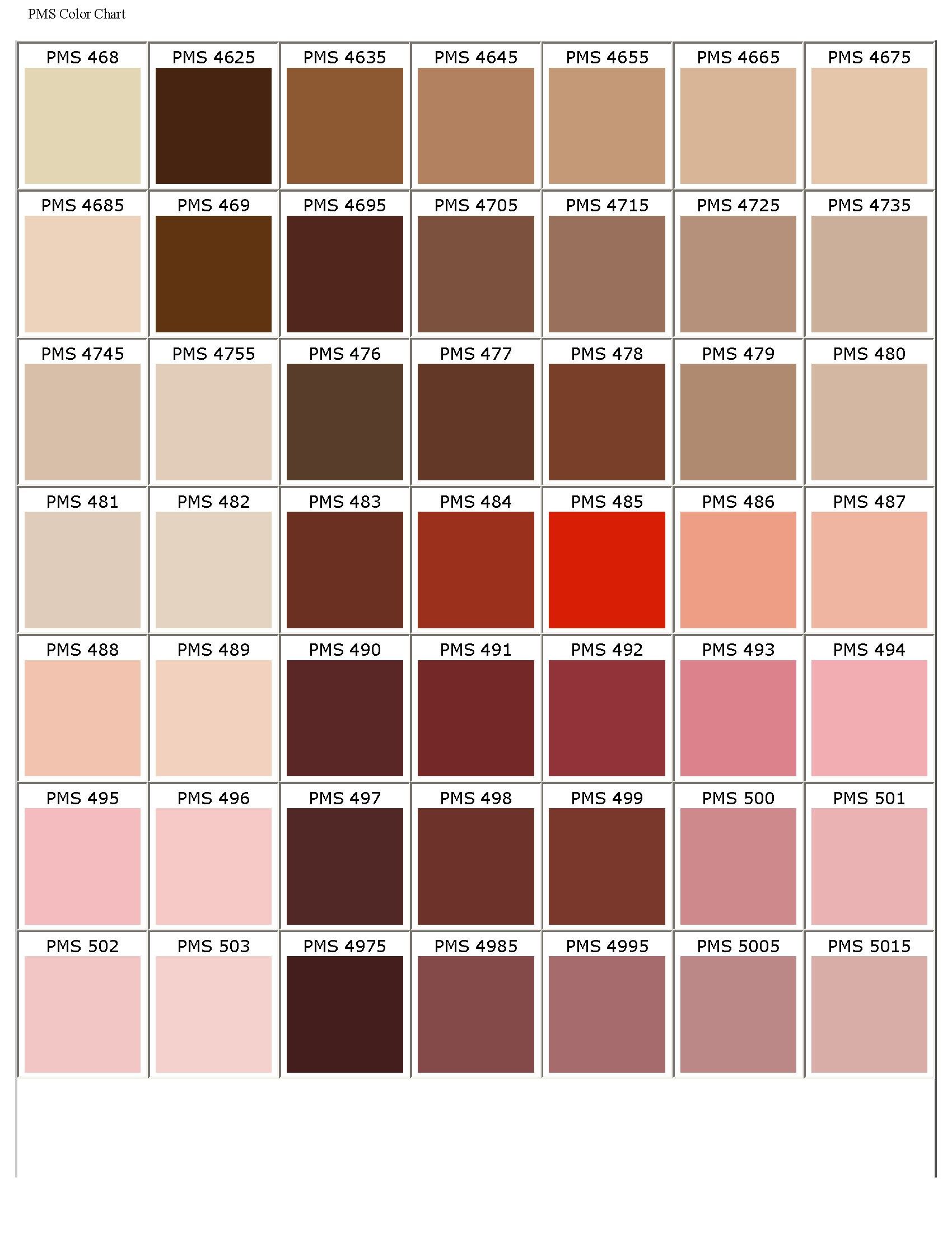 PMS color chart displaying various shades of beige, brown, red, and pink.