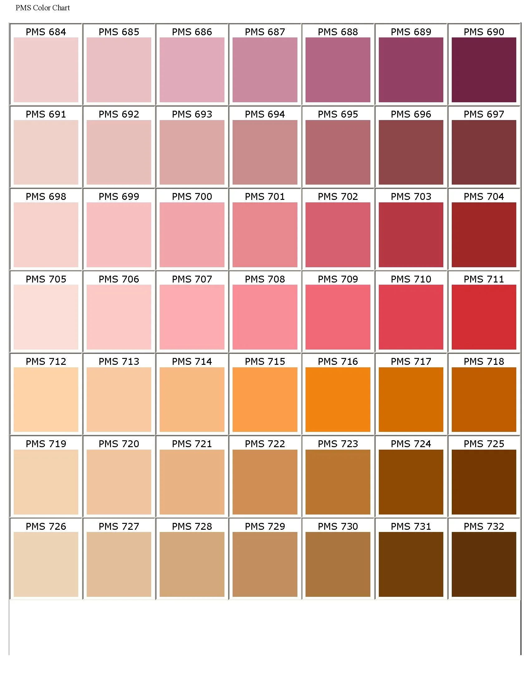 PMS color chart displaying a range of pink, orange, and brown shades organized in a grid with color codes.