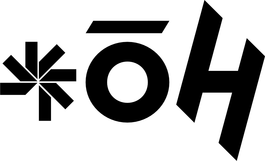The word "oh" in bold black letters and a comic-style circular design symbol, forming studios logo.