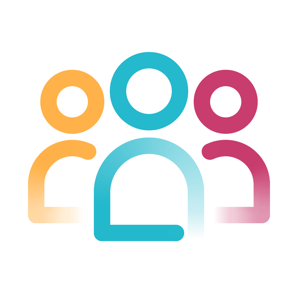 Une icône représentant trois personnes en profil, de couleurs jaune, bleue et rose, symbolisant un groupe ou une communauté.