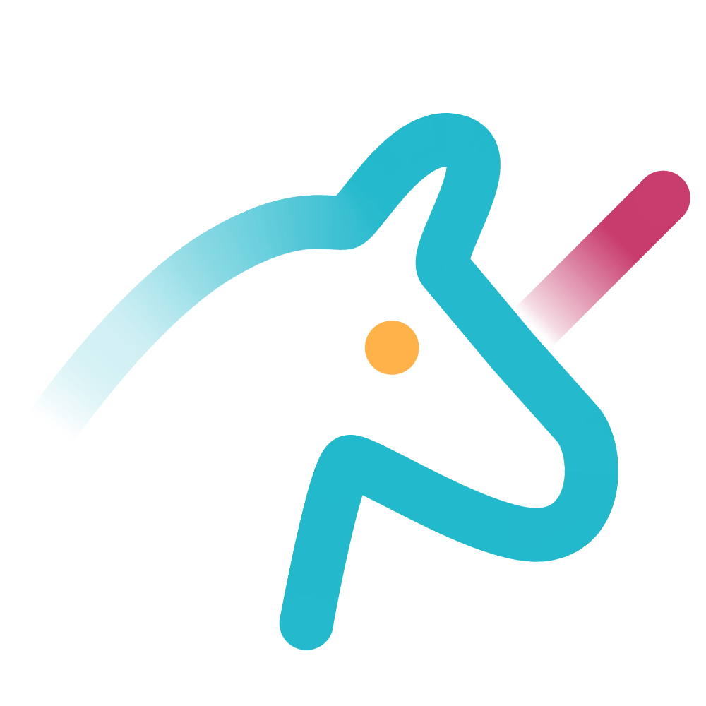 Logo d'une licorne simplifiée avec une corne rose en forme de cône, un œil orange et une silhouette bleue minimaliste sur fond noir.